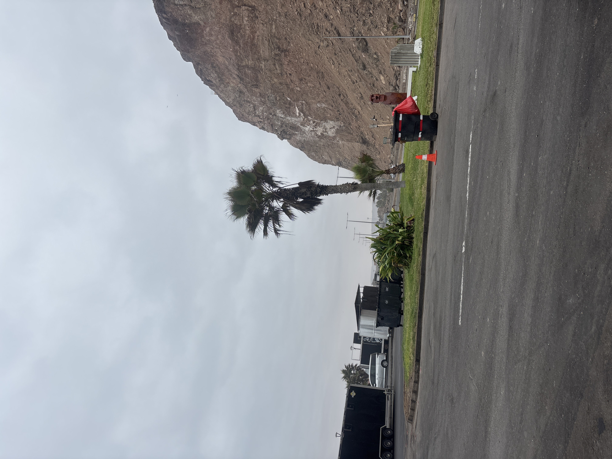 The image depicts a street scene in Arica, Chile. A large, brown cliff face rises in the background, partially obscured by a cloudy sky. In the foreground, a row of trailers and vehicles are parked along the roadside. A palm tree stands prominently on the left side of the frame. A trash can with a red covering is visible, along with an orange cone. The road surface is asphalt with white lane markings.