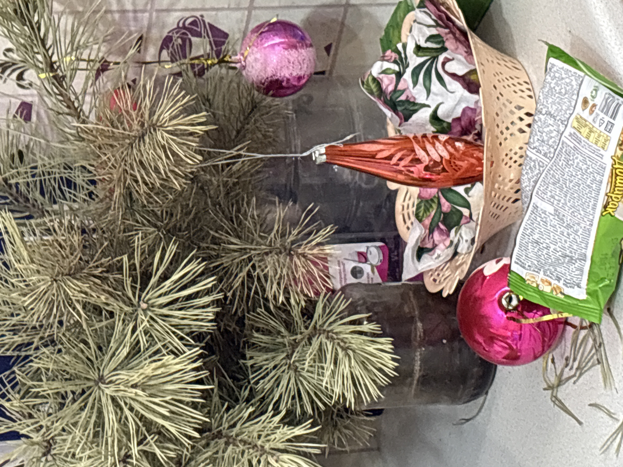 An overhead shot captures a still life arrangement of festive and domestic items, likely indoors in Nevon, Russia. The dominant subject is a large, bushy branch of a pine or fir tree, characterized by its long, thin, light green needles. Interspersed among the needles are hints of a dark background and patterned fabric.
To the right of the pine branch, several objects are visible. A magenta-pink striped spherical Christmas ornament hangs near the top, while an elongated, orange, drop-shaped ornament with a patterned design is suspended below it. A woven, light brown basket-like structure, possibly part of a gift hamper, cradles a piece of white fabric with a vibrant floral pattern of pink, purple, and green leaves and flowers.
Further to the right, a bright green snack bag, possibly crumpled or partially opened, lies next to another shiny, solid magenta spherical ornament. The snack bag features visible text, likely in Russian, with a prominent "Злаковый Завтрак" (Cereal Breakfast) and other smaller nutritional information and a barcode. The overall setting suggests a casual, perhaps post-holiday, domestic scene, with no people or specific activity depicted. The lighting is artificial, and no outdoor cues are visible.