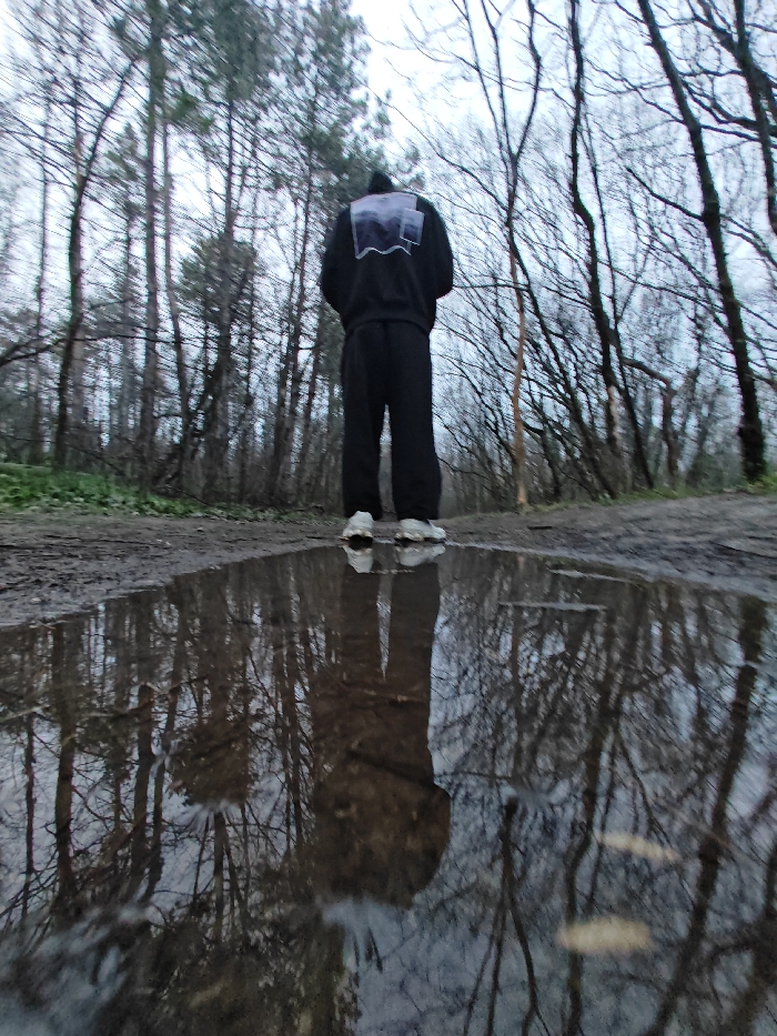 A single individual stands with their back to the camera on a muddy, unpaved path in a forested area of Shumen, Bulgaria. The subject wears a black hooded sweatshirt featuring a white and grey panoramic graphic on the upper back, black sweatpants, and white athletic shoes. Their reflection, along with the surrounding bare tree branches and an overcast sky, is visible in a large, dark puddle in the foreground. The immediate environment consists of dense, predominantly leafless deciduous trees and some taller evergreen trees on the left, indicating a late autumn or winter season. The ground is dark, wet earth. The sky is uniformly grey and overcast.
