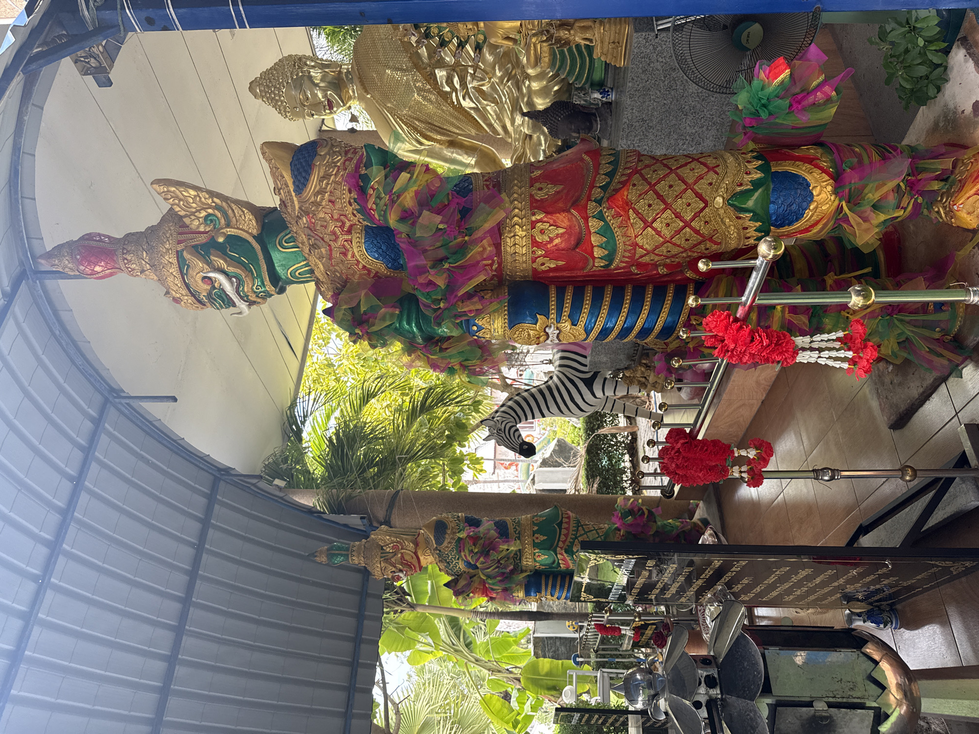 In Tambon Na Chom Thian, Thailand, this image depicts a shrine with several statues and decorative elements. In the foreground, two large, brightly colored statues resembling mythical guardians or giants stand tall. They are adorned with ornate gold detailing and vibrant fabric sashes in pink, green, yellow, and blue. One of these statues, on the right, is positioned prominently in the frame, showing its detailed costume and facial features, which are painted green with a golden headdress and facial accessories. To the right of this figure, a large golden statue of Buddha is visible, radiating a soft glow. In the background, greenery from tropical plants is abundant, suggesting an outdoor or semi-outdoor setting. Between the guardian statues, a black and white striped zebra statue stands, adding an unexpected element to the scene. A metal roof structure with visible beams arches over the shrine area. Several smaller Buddha statues, an incense burner, and red flower garlands are also present, indicating a place of worship or cultural significance. The ground appears to be tiled. A black sign with Thai writing stands near the base of one of the guardian statues. A black electric fan is positioned behind the larger guardian statue.