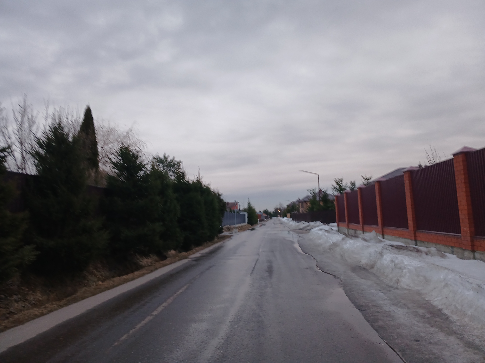 A street scene shows a wet, dark asphalt road lined on either side by properties with fences and greenery. On the left, dark green trees and bushes grow alongside a dark brown area next to the road, possibly mulch or dirt. A tall, thin evergreen tree stands out amongst the foliage. On the right, a brick and dark brown fence runs along the property line, with piles of melting snow and ice accumulated at its base. The sky is overcast and gray, suggesting a cold or dreary day. A street light is visible in the distance down the road. The location is a residential area, probably a street in a city. No people are visible.
