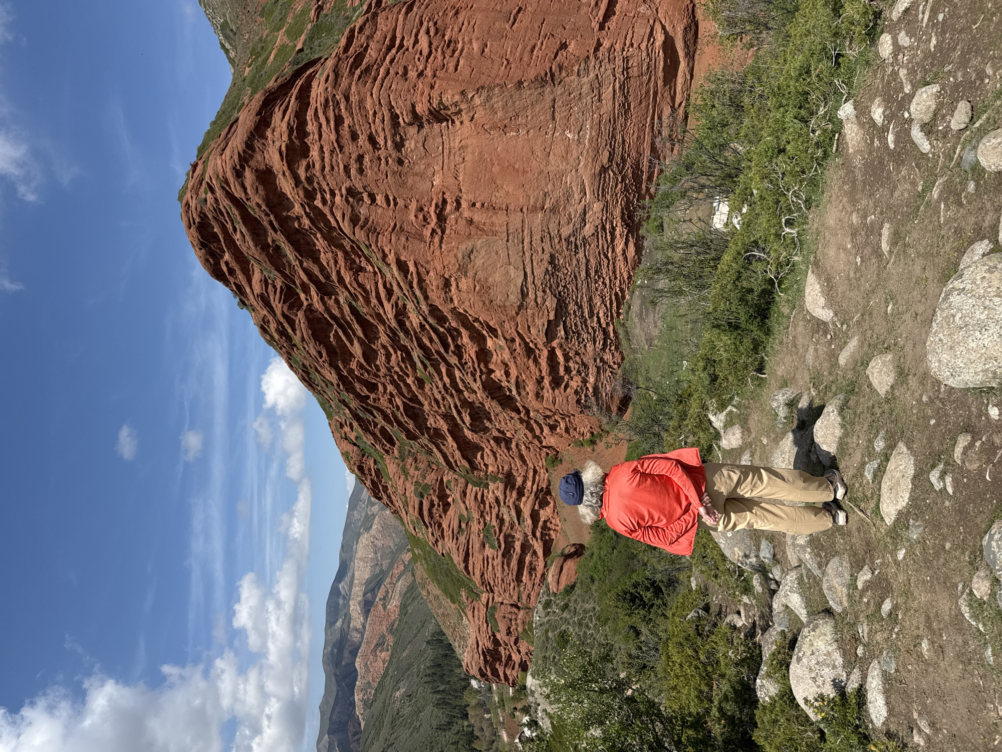 This vertical image, depicting a landscape in Jeti-Ögüz, Kyrgyzstan, features a person standing on a rocky path, observing dramatic red rock formations. The individual, viewed from behind, has light-colored hair and is wearing a dark blue cap, a bright orange long-sleeved top, and light tan pants with light-colored athletic shoes. Their hands are clasped behind their back, suggesting a contemplative or relaxed posture.
The immediate foreground shows a rugged, earthy path interspersed with numerous gray and white rocks and patches of green, shrubby vegetation. Dominating the left side of the mid-ground are magnificent, towering red sandstone cliffs, characteristic of the Jeti-Ögüz region. These formations display intricate erosion patterns, with deep grooves and layers that highlight their rich, reddish-brown hues. Green foliage clings to parts of the rock faces and at their bases.
In the background, a clear blue sky with scattered white, wispy clouds extends above the horizon. Beyond the prominent red rocks, a panorama of distant, hazy mountains stretches across the landscape, indicating a vast, expansive natural environment.
The activity depicted is likely hiking or sightseeing, with the person taking a moment to appreciate the scenic vista. The time of day is clearly daytime, under bright natural light, suggesting pleasant weather conditions. The overall atmosphere conveys a sense of awe and tranquility inspired by the grandeur of nature. No visible text is present in the image.