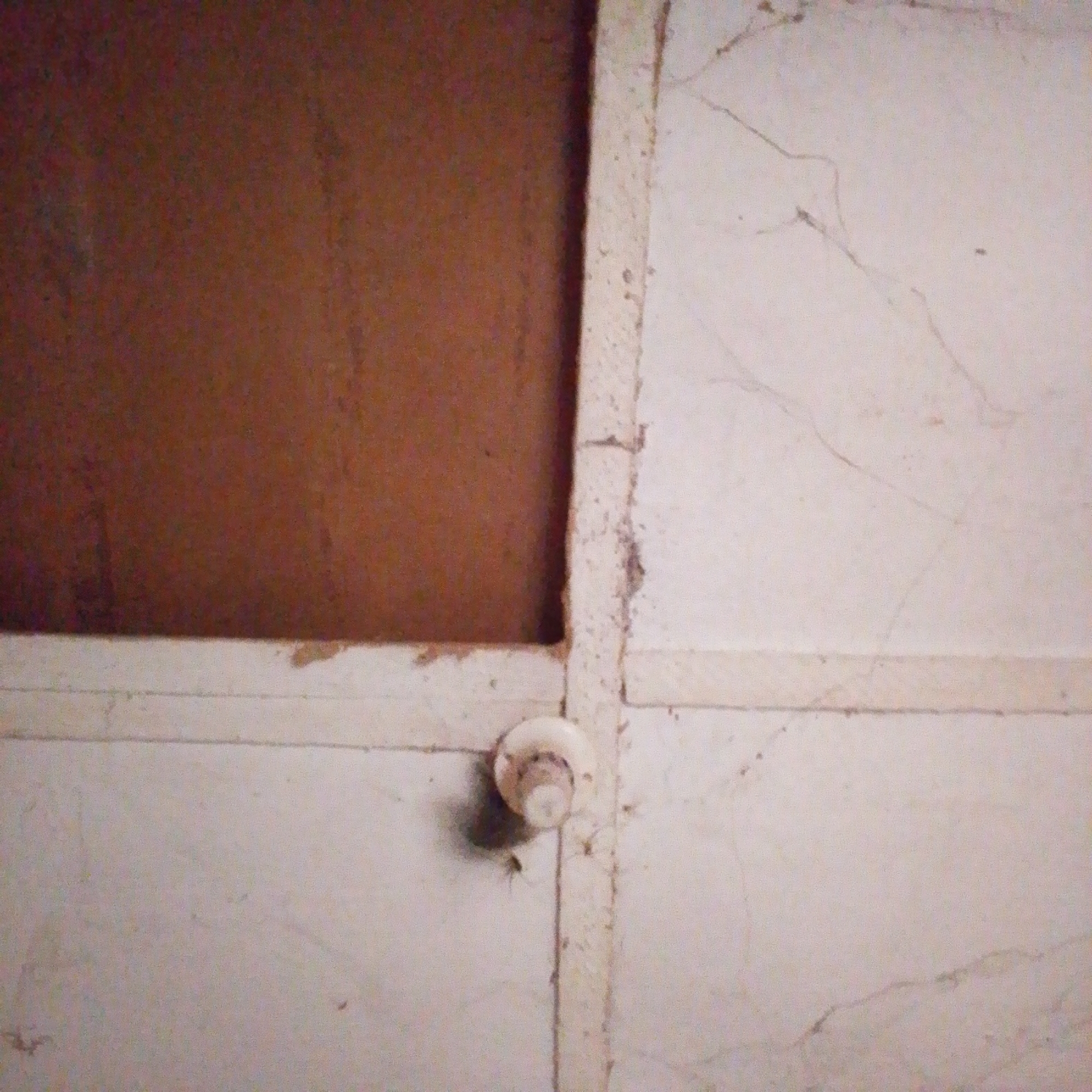 The image shows a close-up view of a ceiling with a textured brown panel on the left, separated by a thin vertical seam from a lighter colored surface on the right, which appears to be made of rectangular panels. The lighter surface has faint linear markings and some discoloration. A white circular fixture with a protruding cylindrical part is attached to the seam between the panels, casting a shadow below it. The overall condition of the ceiling suggests it may be aged or in need of repair, with visible cracks and surface imperfections in the lighter colored panels. This ceiling is located in Jalingo, Nigeria.