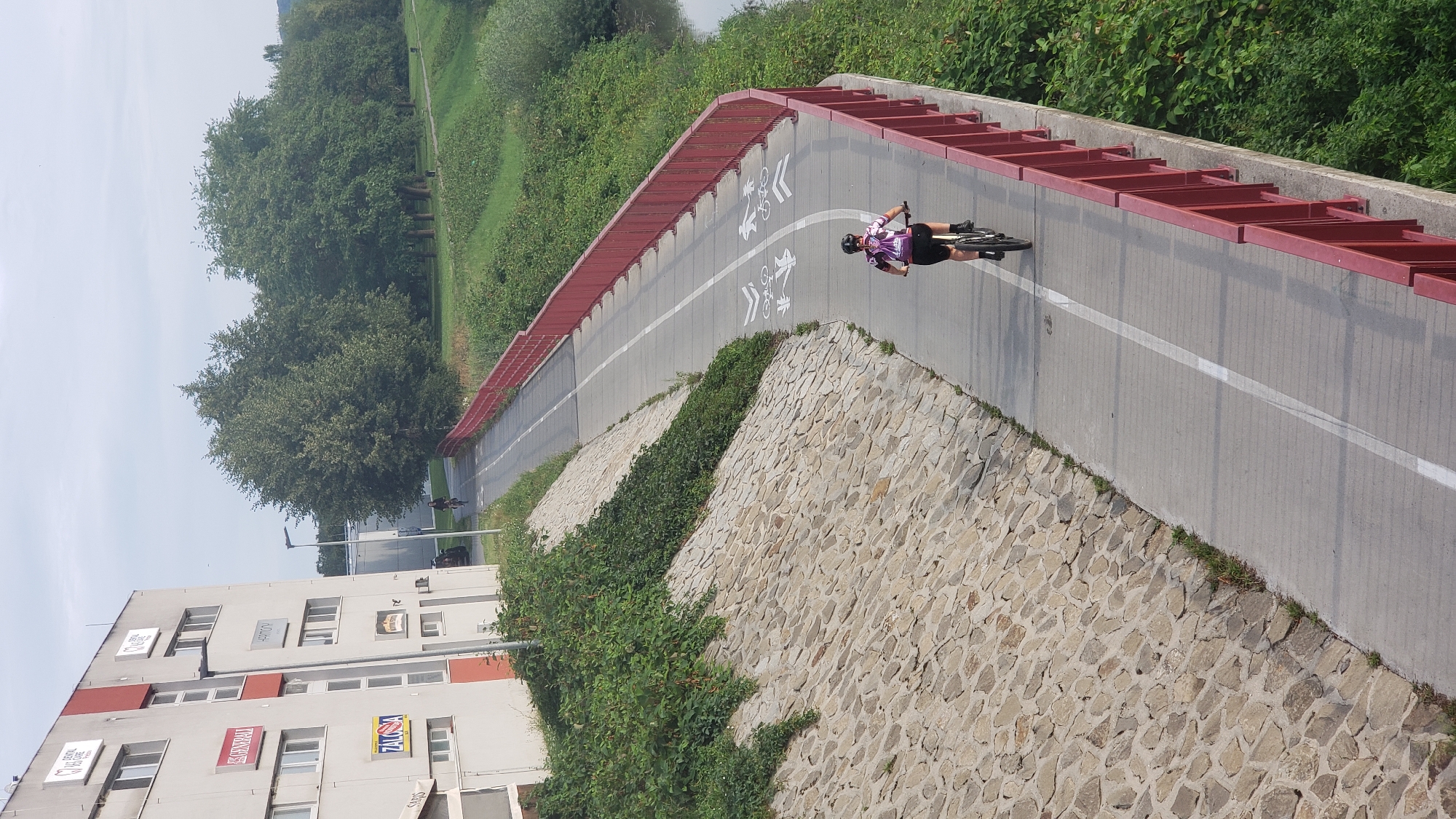 An elevated, paved pathway with a red railing runs alongside a river and a sloped, stone-faced embankment. The pathway is marked with white lines, delineating a bike lane. A person wearing a helmet and a purple and white patterned cycling jersey rides a bicycle on the pathway, heading away from the camera. In the distance, another cyclist is visible on the same path. To the left of the pathway, a multi-story building with several windows and signs is visible, one sign reading "DENTAL HYGIENE". The area is characterized by lush green vegetation on the embankment and along the riverbank. The sky is overcast. This scene is located in Prešov, Slovakia, along the Torysa River.