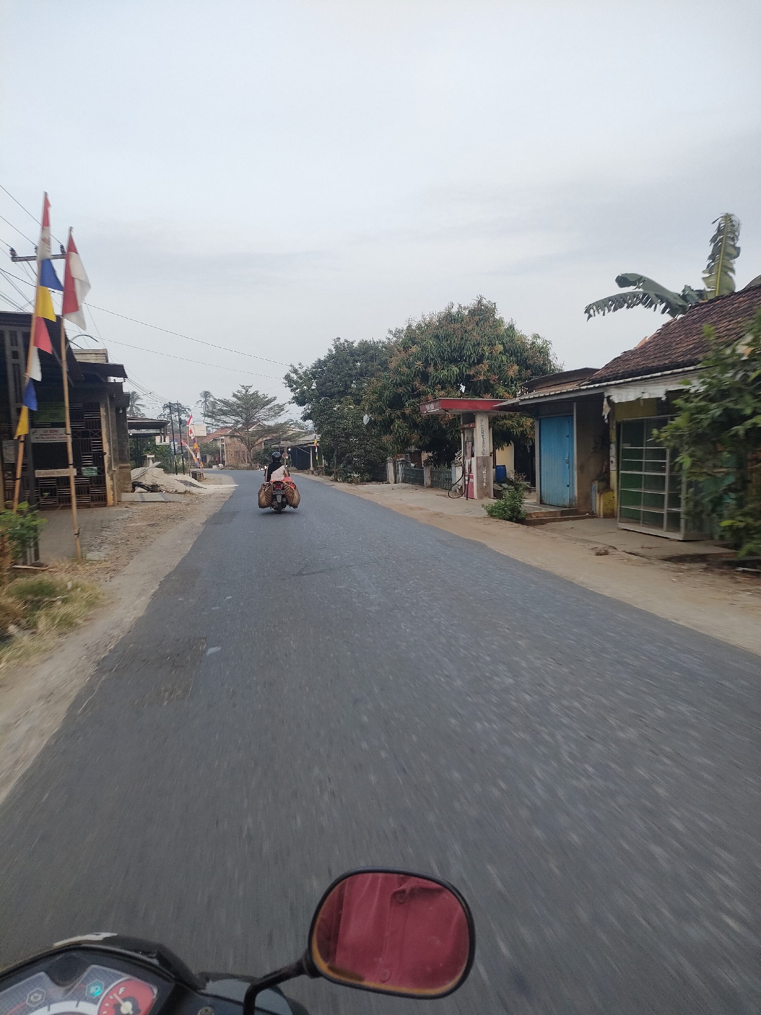 The image depicts a road in a rural or semi-urban area, likely in or near Sukoharjo, Indonesia, on an overcast day. In the foreground, the handlebars and a portion of a motorcycle, including its red rearview mirror, are visible, suggesting the photo was taken from the perspective of a rider.
On the right side of the road, a building with a tiled roof and a light-colored facade is present. It has a green-paned window and a blue door. Adjacent to this building, a red and white gasoline pump with "PERTAMAX" branding stands next to a small structure. Lush green trees, including a mango tree with visible fruit or blossoms, flank this area.
On the left side of the road, a building with a dark, weathered exterior is visible. In front of it, several flags on poles are displayed, including what appear to be Indonesian flags (red and white) and other colorful flags. A small motorcycle with two occupants, one driving and one passenger, is moving away from the camera down the road. The motorcycle is carrying a significant amount of cargo, strapped onto its rear. Power lines run across the scene above the road and buildings. The road itself is asphalted and appears to be in moderate condition. The overall environment suggests a typical Indonesian village or small town setting.