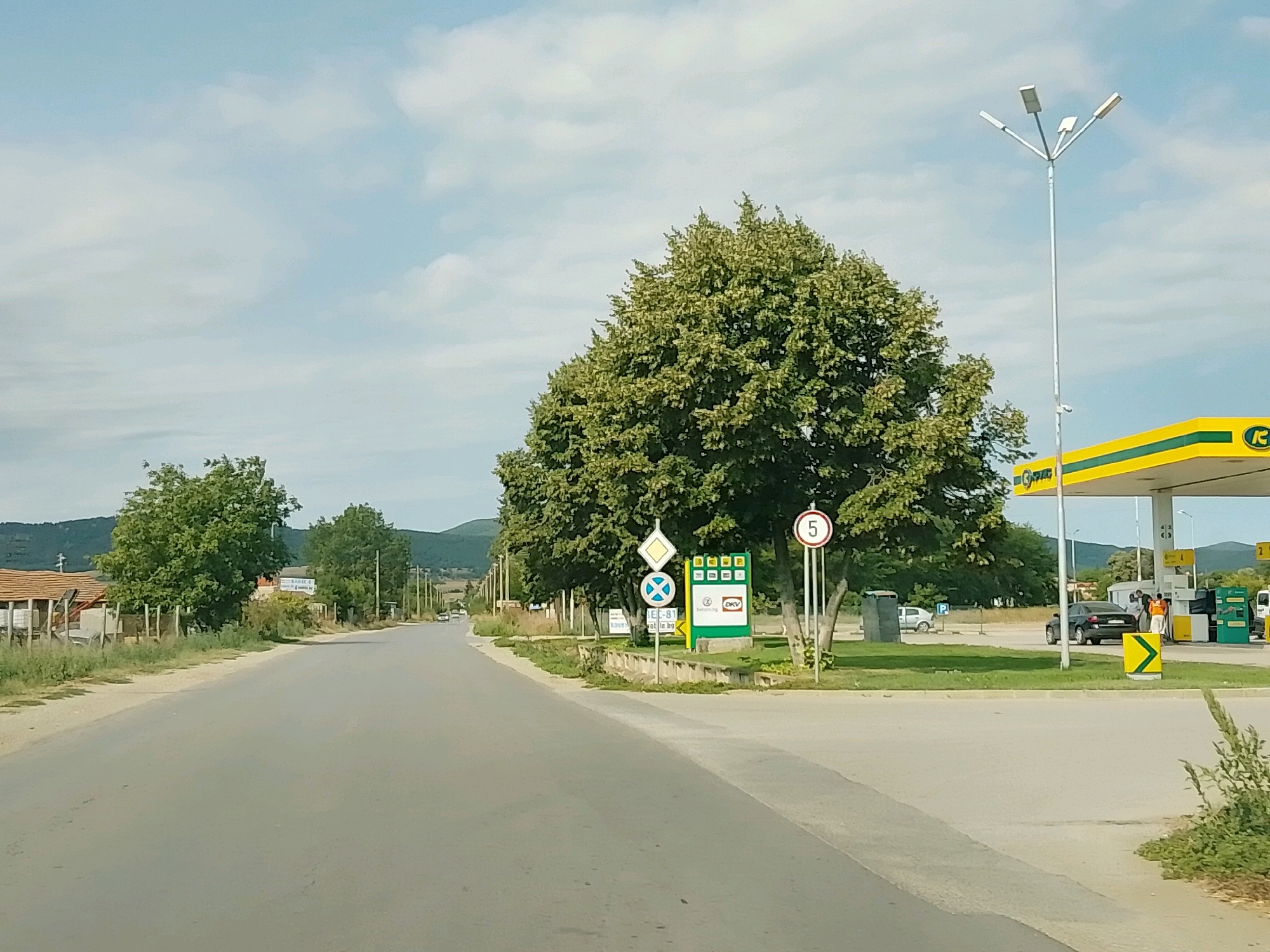 The image shows a road scene in the village of Zhivkovo, Bulgaria. A paved road curves to the right, with a large, leafy tree dominating the center of the frame. On the right side of the road, there is a petrol station with a yellow and green awning. Several cars are visible at the petrol station. Traffic signs, including a speed limit sign indicating '5', are present near the road. Buildings and more trees line the left side of the road, with a glimpse of hills in the background under a cloudy sky.