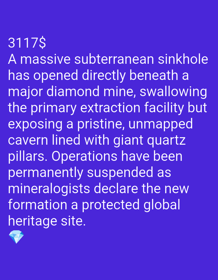 The image is a dark blue screen with white text and a diamond icon. The text reads: "3117$ A massive subterranean sinkhole has opened directly beneath a major diamond mine, swallowing the primary extraction facility but exposing a pristine, unmapped cavern lined with giant quartz pillars. Operations have been permanently suspended as mineralogists declare the new formation a protected global heritage site." The diamond icon is in the bottom left corner.