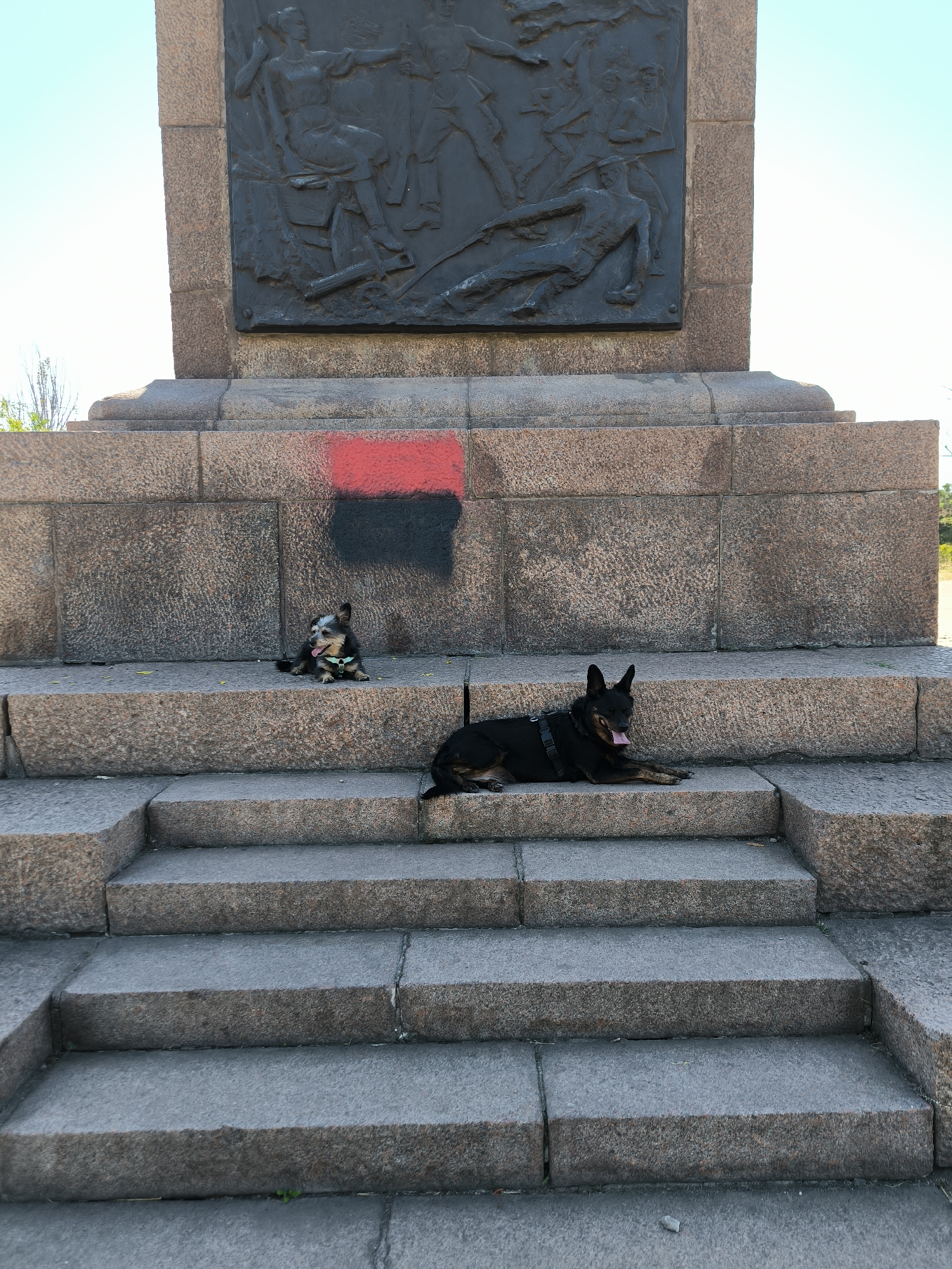 Two dogs are resting on the steps of a large stone monument. A smaller, light-colored dog with a green collar is lying on its side on a higher step. A larger, black dog wearing a harness is lying down with its head resting on its paws on a lower step, its tongue hanging out. Behind the dogs, on the base of the monument, there is graffiti in the form of red and black stripes. The monument itself is made of large stone blocks and features a dark-colored bas-relief on its upper section. The scene is outdoors, with a clear sky visible. The monument is likely located in Mykolaiv, Ukraine, given the context of the red and black striped graffiti, which is associated with Ukrainian national symbolism.