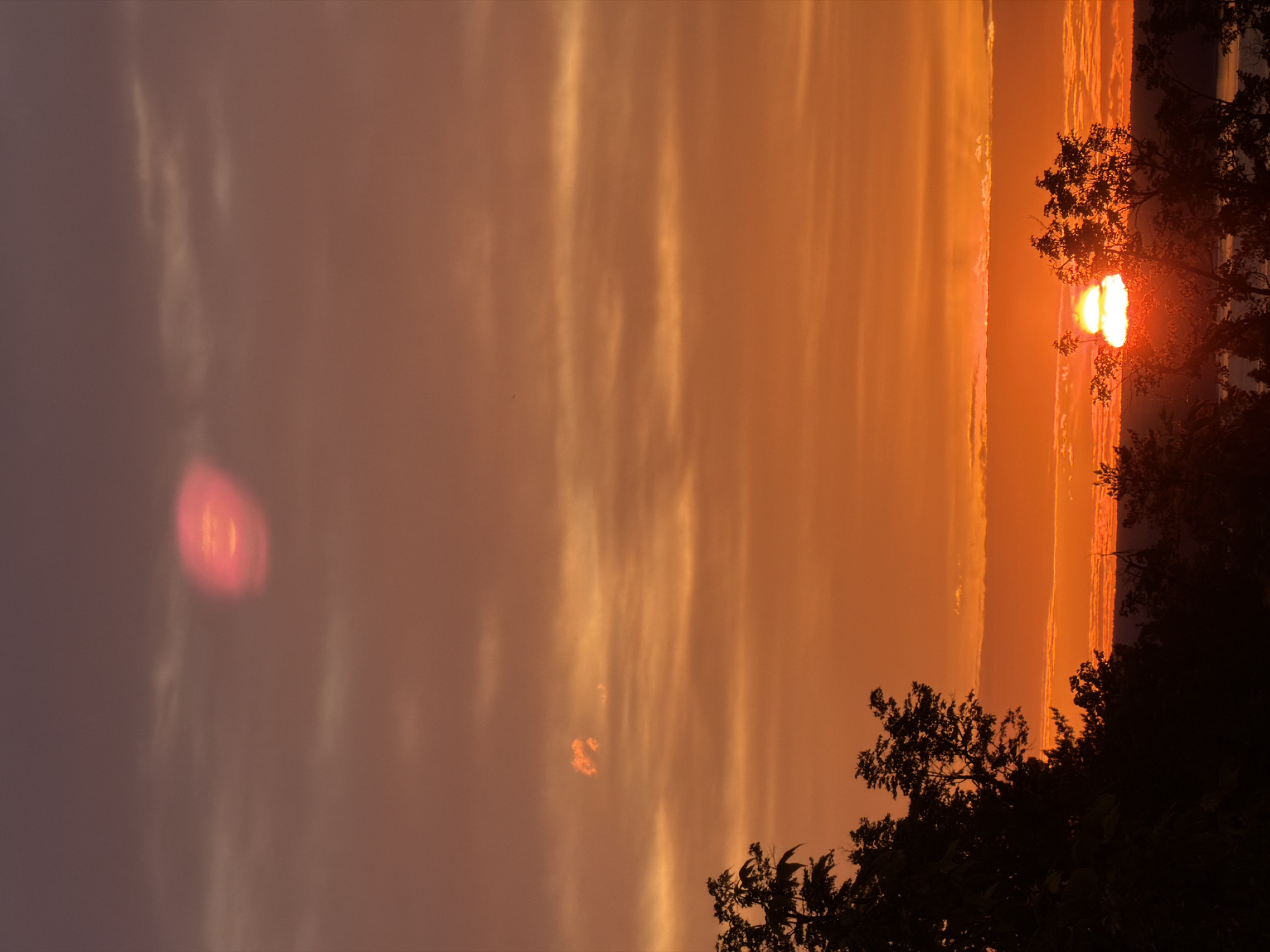 The image captures a sunset scene, likely in Izhevsk, Russia, given the prompt's request. The sky is filled with orange and yellow hues, indicating either sunrise or sunset. Vertical streaks of light and shadow stretch across the sky, creating a textured, atmospheric effect. Silhouette trees are visible in the lower right corner, framing the scene. A bright, round object, which could be the sun, is partially obscured by the trees. There's a red circular artifact present in the upper left. The overall mood is warm and peaceful.