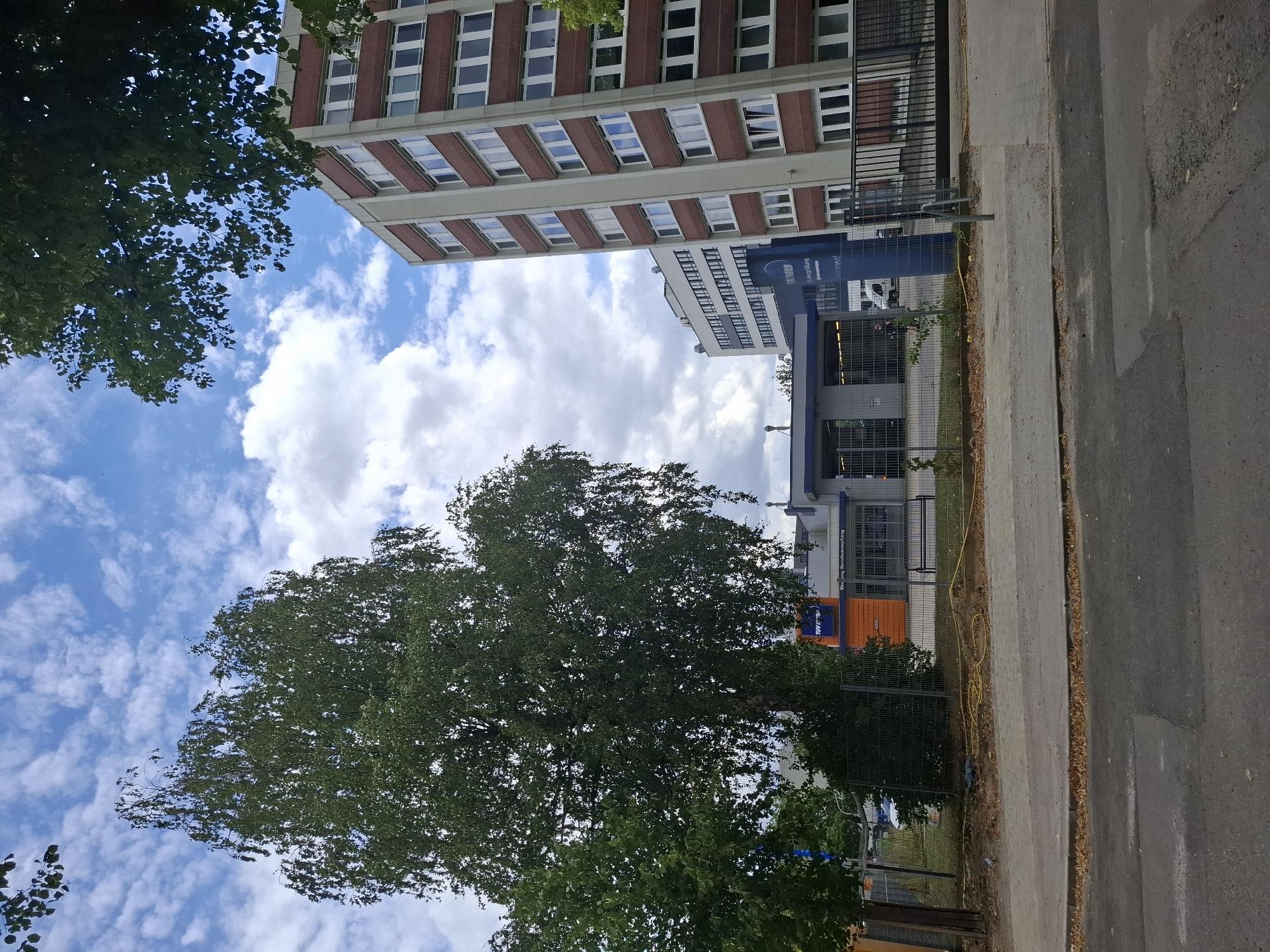 In Hamburg, Germany, a medium-shot captures a street-level view of a cityscape with a large, leafy green tree dominating the left side of the frame. Behind the tree, a modern building with a brick facade and multiple windows stands tall. To the right of this building, another taller, lighter-colored building with a similar window arrangement is visible. In the foreground, a paved road leads towards a low-rise structure with an orange and blue facade, partially obscured by a metal fence. A blue sign with white text is mounted on a pole in front of this structure, and a yellow hose runs along the ground near the fence. The sky above is a bright blue with scattered white clouds.