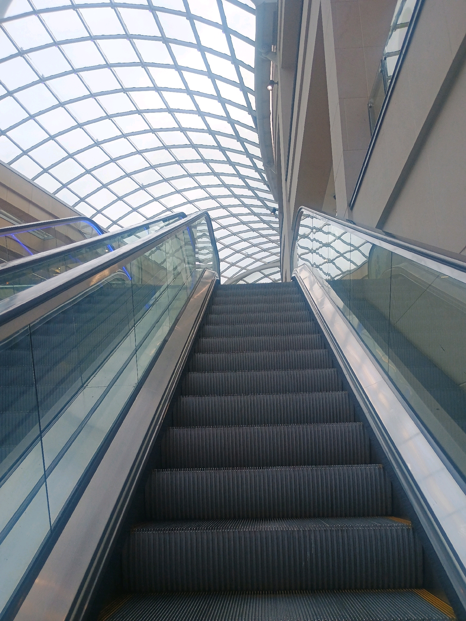 An upward-facing, low-angle medium shot captures a modern escalator system within an interior space. The escalator steps are dark gray with a ridged texture, and the handrails are a sleek silver metal. Clear glass panels line the sides of the escalator, reflecting the architectural elements above. The ceiling is a striking, curved glass structure with a grid-like pattern formed by white metal supports, allowing natural light to filter through. To the right of the escalator, there are angled, light-beige walls and structural beams, indicative of contemporary building design. The scene is devoid of people.