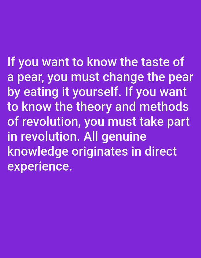 The image is a quote on a solid purple background. The quote, written in white text, reads: "If you want to know the taste of a pear, you must change the pear by eating it yourself. If you want to know the theory and methods of revolution, you must take part in revolution. All genuine knowledge originates in direct experience." There are no people, subjects, objects, actions, interactions, or environmental details present in the image. The location in Bukuru, Nigeria is not discernible from the provided image.