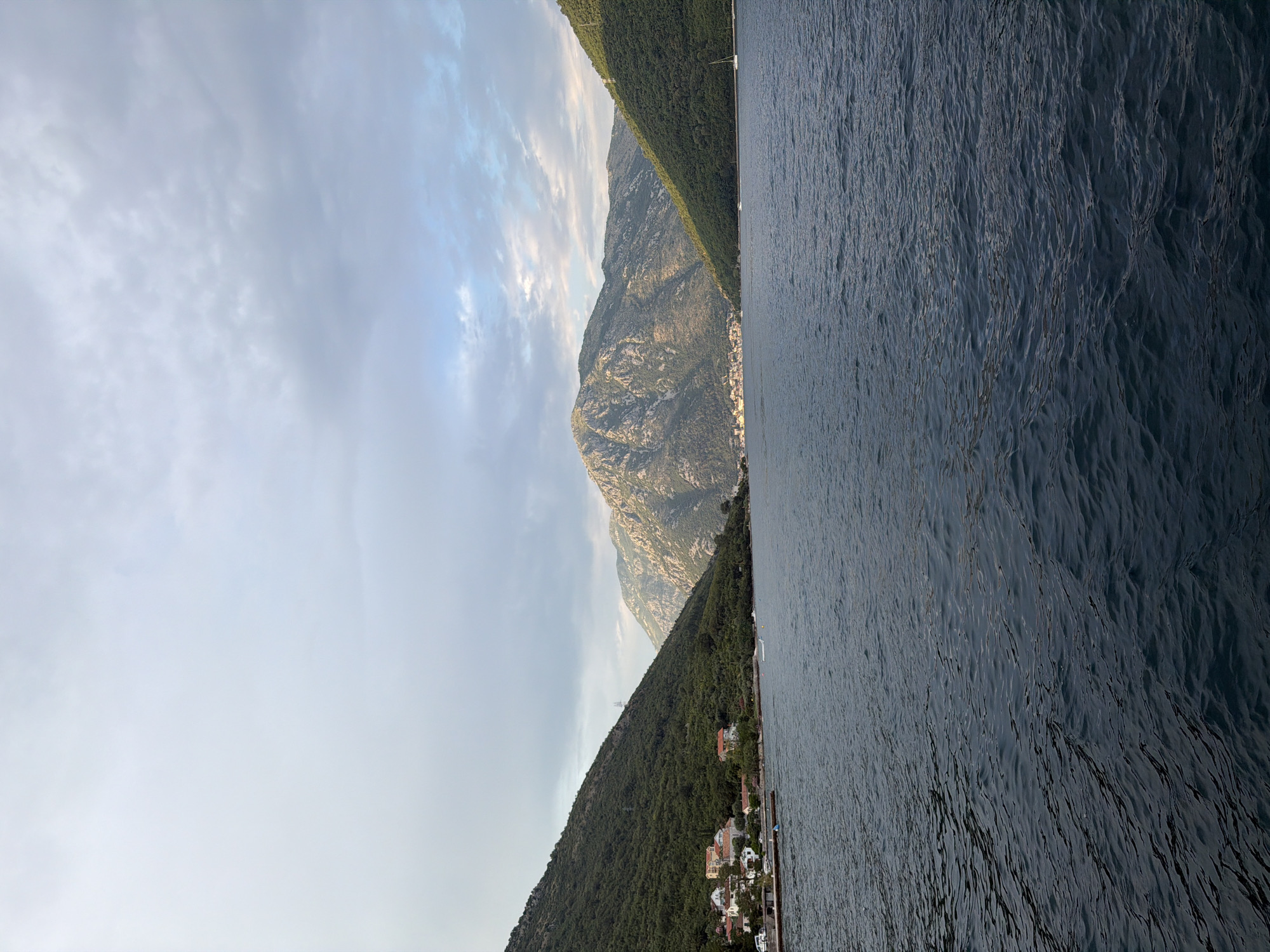 A wide-angle, landscape photograph captures a serene view of the Bay of Kotor in Đurići, Montenegro. The foreground is dominated by the dark, rippling water of the bay, with subtle waves reflecting the overcast sky. To the left, a lush, green, tree-covered mountain slopes down to the water's edge, where a small cluster of white houses with red-tiled roofs is visible. A small pier extends into the water from this village, with a few boats docked. Further into the bay, more mountains rise, their rocky slopes catching the light in places, contrasting with the verdant green of the closer hills. A distant town or village can be seen nestled at the base of these mountains. The sky above is a mix of soft gray clouds with hints of pale blue sky peeking through, suggesting either early morning or late afternoon light. The overall atmosphere is peaceful and natural.