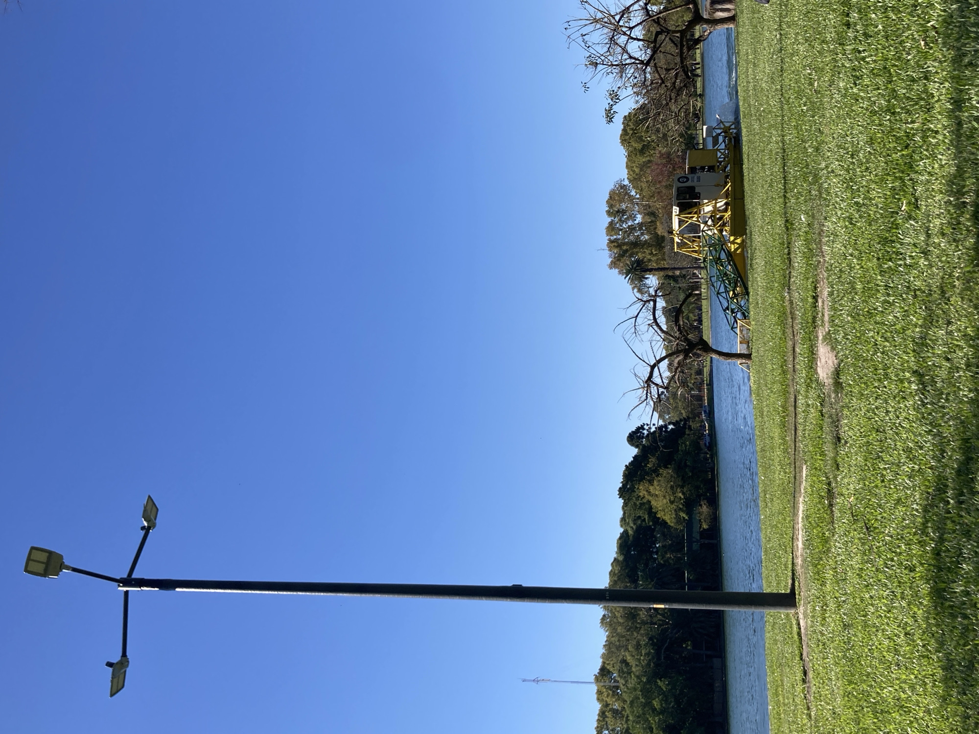 A vibrant outdoor scene unfolds on a clear, sunny day, featuring a serene body of water, lush green grass, and various trees. The image is oriented vertically with the sky on the left and the landscape on the right.
Dominating the lower-left portion of the frame is a tall, dark street light pole equipped with three modern, square-shaped LED light fixtures. Its sleek design contrasts with the natural elements. Above the pole, the sky is a brilliant, cloudless blue, indicating fine weather.
To the right of the street light, a calm body of blue water, likely a lake or river, stretches horizontally across the middle of the image. Its surface reflects the clear sky. Along the right bank of this waterway, a wide expanse of neatly manicured, bright green grass fills the foreground. A distinct dirt path or edge separates the grass from the water's edge.
On the water, positioned closer to the grassy bank, is a notable yellow and white boat or specialized machine. It features a cab structure and what appears to be an arm or mechanism extending into the water, suggesting it is a water cleaning or maintenance vessel. Visible text on its side includes "CEAMSE", a known environmental company in Buenos Aires, Argentina, confirming its function.
The far bank of the water and the background are lined with numerous trees. Some appear bare-branched and deciduous, while others are full of dense green foliage, indicating a mix of tree types. The bright sunlight suggests the time of day is late morning or early afternoon. The scene evokes a peaceful and well-maintained public park or recreational area in Buenos Aires, Argentina. No people are visible.