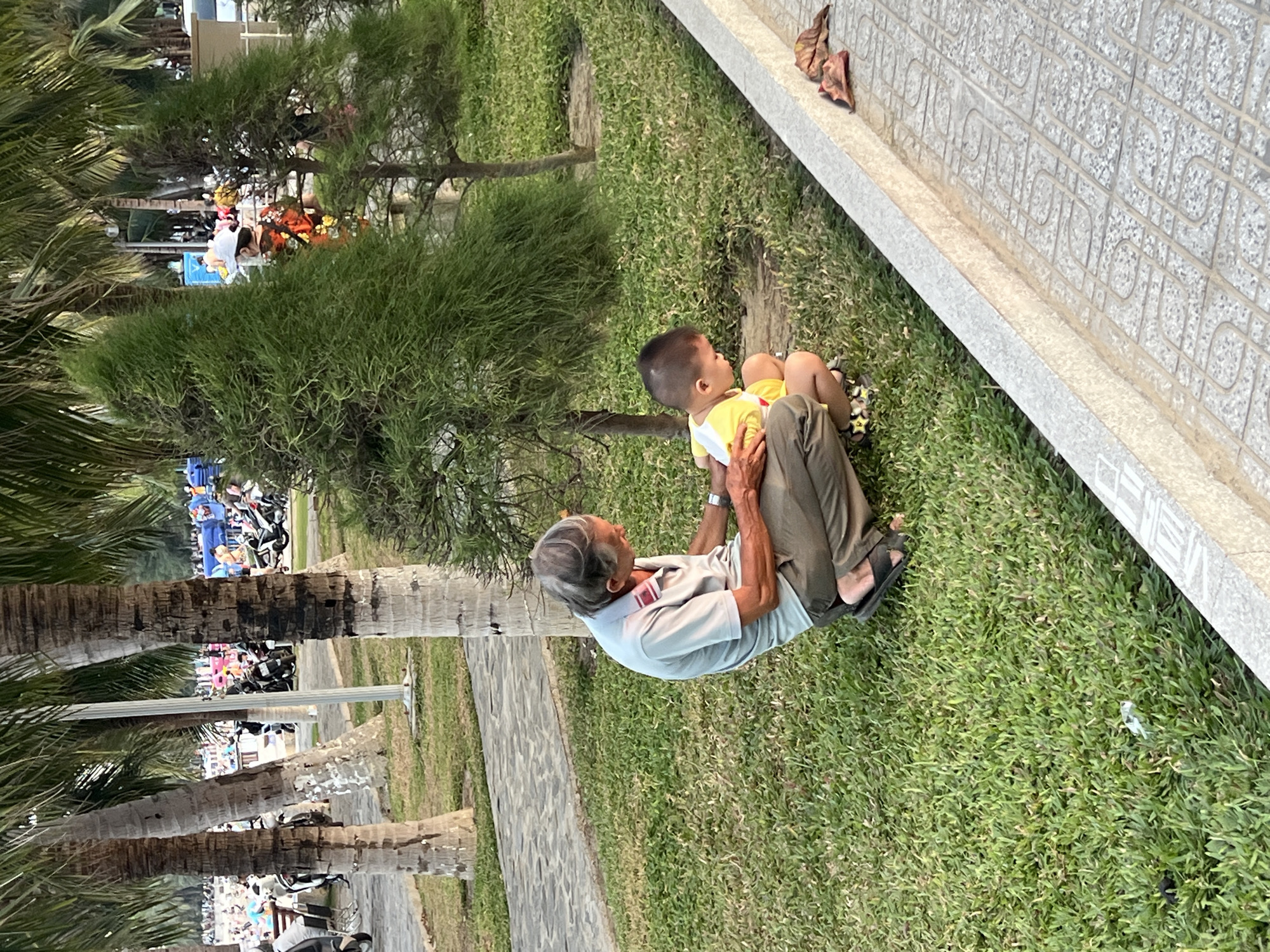 An older man and a young child are seated on lush green grass in an outdoor setting. The man, with short grey hair and wearing a light grey polo shirt, brown pants, and black sandals, is positioned behind the child, leaning forward with his hands near the child's legs. He wears a watch on his left wrist. The child, a toddler dressed in a yellow and white top and patterned sandals, sits in front of the man, looking towards a grey tiled wall.
The scene takes place alongside a decorative tiled wall or bench, which features an intricate, repeating geometric pattern in light grey and white. Two dried brown leaves rest on top of this wall. To the left of the man and child, a row of tall palm trees with visible trunks lines a paved pathway. Interspersed among the palms are bushy green trees. In the background, beyond the trees, more people are visible, along with several parked motorbikes, suggesting a bustling public area like a promenade or park in Bắc Nha Trang, Vietnam.
The lighting indicates daytime, likely a clear and sunny day, possibly late afternoon given the quality of light. A small piece of white litter is visible on the grass near the wall. The overall mood is peaceful, depicting a tender moment between the man and the child. No discernible text is visible in the image, only the decorative pattern on the tiled wall.