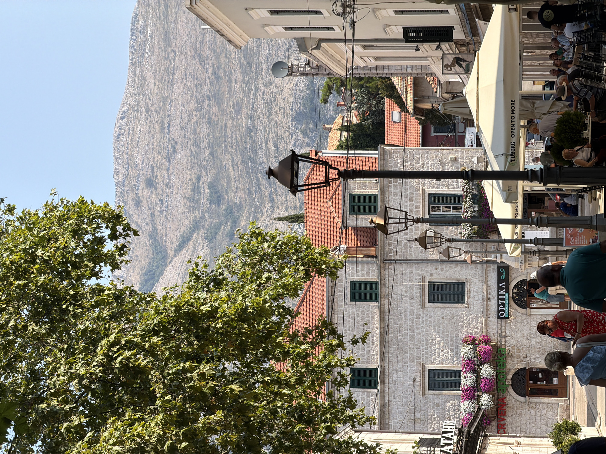 The image depicts a street scene in Trebinje, Bosnia and Herzegovina, on a sunny day. In the foreground, a large tree with green foliage partially obscures the view. A stone building with a red-tiled roof features several windows with dark green shutters. Below the windows, balconies are adorned with abundant pink and white flowers. A sign for "OPTKA" is visible on the building, along with other storefront signs. A lamppost stands prominently in the street.
Further into the scene, there are more buildings with red-tiled roofs and various architectural styles. A satellite dish is mounted on one of the buildings. Several people are walking on the street and sitting at tables under large white umbrellas, suggesting an outdoor cafe or restaurant. In the background, a dry, rocky mountain range rises under a clear blue sky. The overall atmosphere is one of a bustling Mediterranean town.