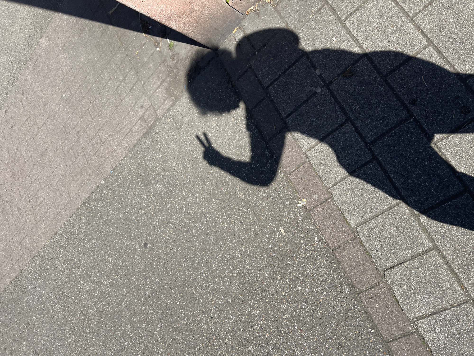 A shadow of a person is cast on a paved surface in Schiltigheim, France. The shadow shows the person in a leaning-forward posture, with one arm raised and fingers forming a peace sign. The paving consists of two types of stone, one of which is arranged in a rectangular pattern and the other in a more granular composition. A small edge of what appears to be a concrete curb or wall is visible at the top. A partial shadow is cast from it.