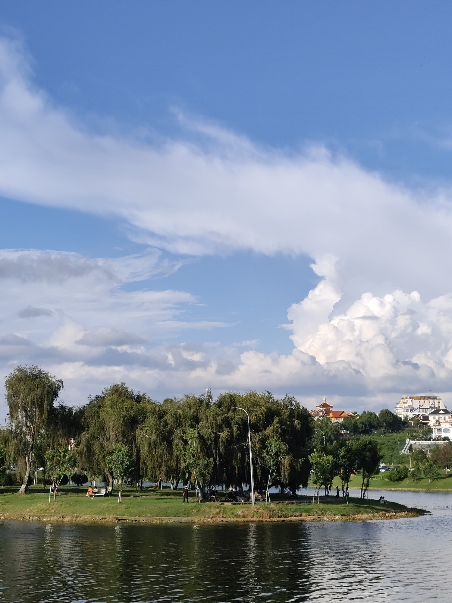 A scenic view of Xuân Hương Lake in Đà Lạt, Vietnam, features a tree-lined island in the foreground with several people relaxing on the grass. The lake reflects the sky and surrounding trees. In the background, buildings are visible on a hillside overlooking the water, with a clear blue sky filled with white, puffy clouds.
