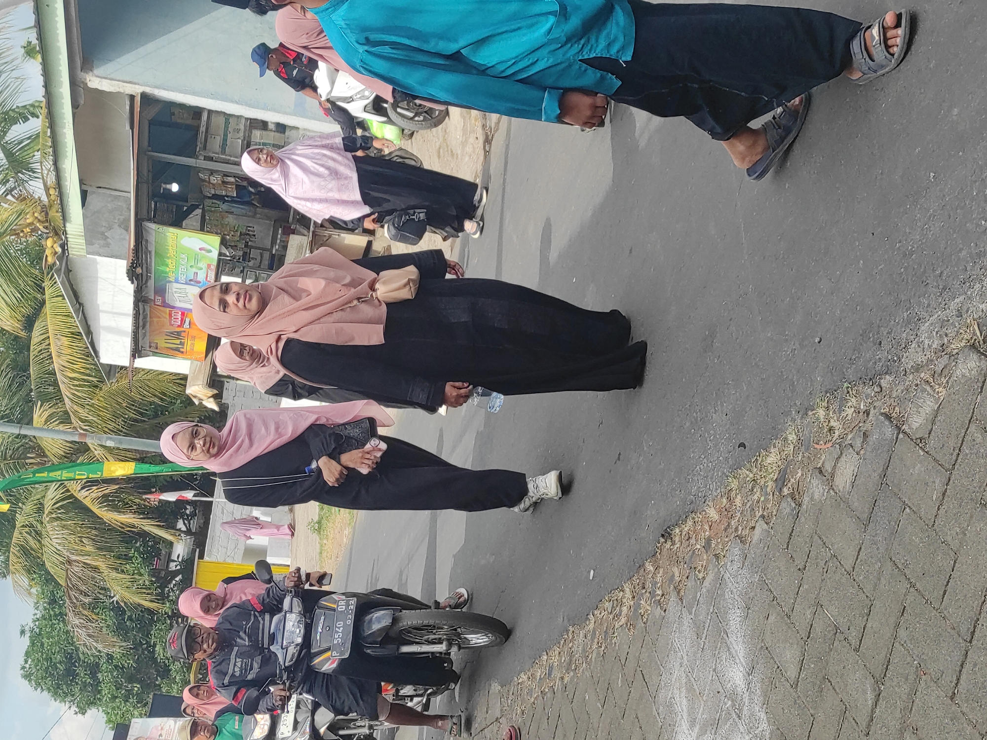 In an outdoor scene in Unknown, Unknown, several individuals are walking on a paved road. The weather appears to be overcast. On the left side of the image, a man wearing a black jacket and a red and white striped shirt rides a black motorcycle, with a person in a pink headscarf sitting behind him. To their right, a woman in a black dress and pink headscarf walks, holding a phone and a bag. Next to her, another woman in a black dress and pink headscarf walks with a bag. Further to the right, a person in a blue shirt and dark pants walks with dark sandals. In the background, there are palm trees and a building that appears to be a small shop or market. The road is lined with a sidewalk made of interlocking pavers, and there is some dry grass and debris along the edge of the road.