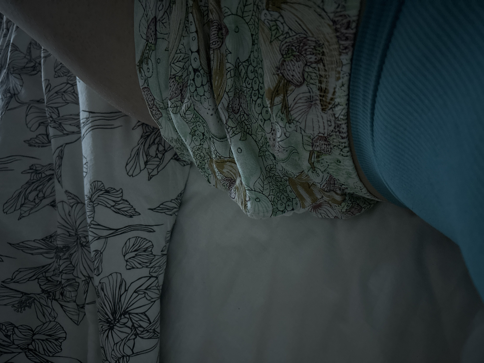 This image, originating from Kyustendil, Bulgaria, depicts a section of a bed and a human form in a dimly lit, indoor environment. The upper left portion of the frame shows white bed linen and a duvet or blanket with a repeating pattern of stylized black line-drawn flowers, resembling irises, and leaves on a light background. Creases are visible in the fabric. To the mid-right, a bare human leg or thigh is partially visible, showing light-toned skin with fine texture or goosebumps. This limb is positioned above a section of draped, patterned fabric which features outlines of fruits such such as strawberries and grapes, along with leaves, rendered in muted shades of green, purple, brown, and light blue on a pale background. Below this patterned fabric, and partially obscuring the lower part of the leg, is a piece of ribbed fabric in a solid dark teal or turquoise color, suggesting a garment like shorts or underwear. The lighting is low and diffused, creating soft shadows and a muted color palette across the entire scene. No other individuals or distinguishing room features are present.