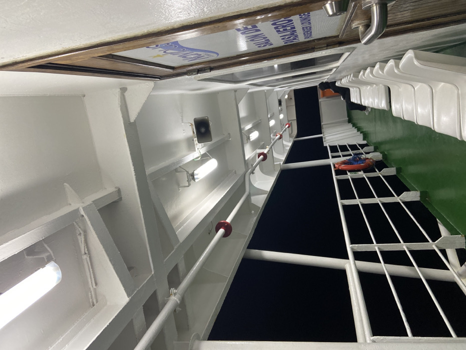 An indoor shot of a ferry at night. The interior is white with fluorescent lighting and safety rails with red accents. On the ceiling, a sign reads "SALON DE PASAJEROS PASSENGER LOUNGE". Outside the railing, the dark ocean water is visible. A life preserver hangs from the railing. The perspective is slightly tilted, giving a unique angle of the ferry interior.