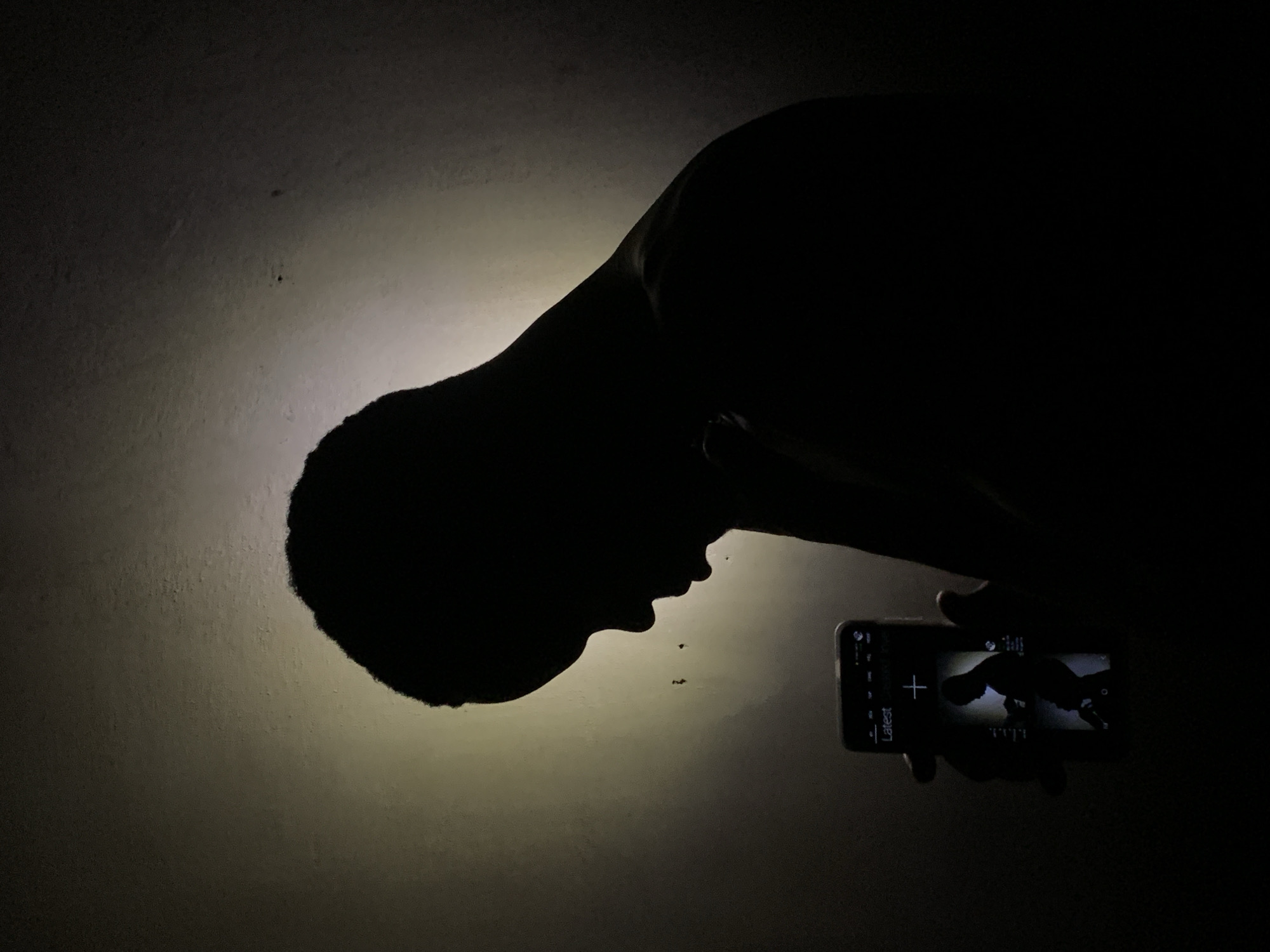 A person's silhouetted profile faces down, illuminated from the left by a light source on a textured wall. The individual is holding a mobile phone horizontally, displaying a dark image that appears to reflect the same silhouette. The scene is dimly lit, with details obscured by shadows. There is no verifiable evidence of the location of this photo to be Ikorodu, Nigeria.