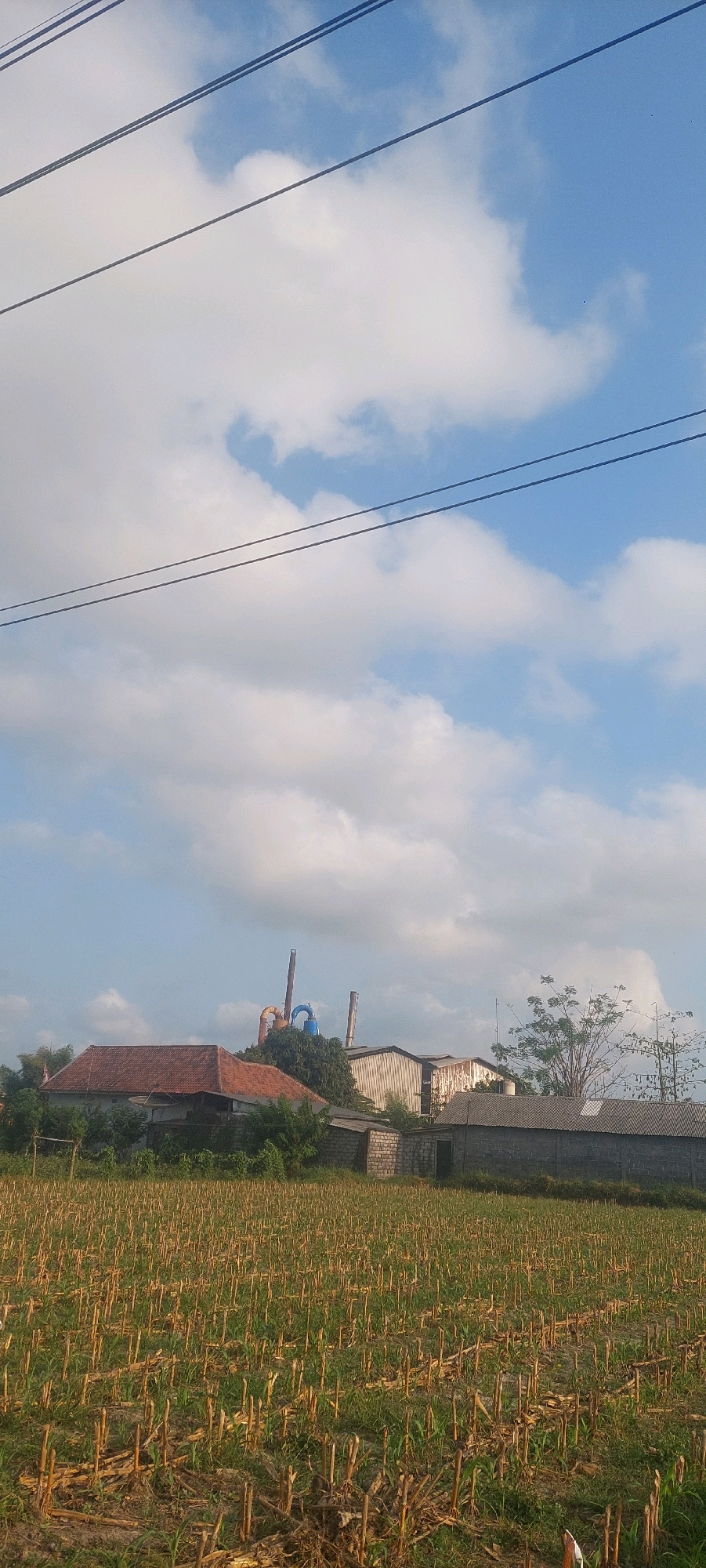 The image depicts a rural industrial landscape under a partly cloudy sky in Sumbersuko, Indonesia. In the foreground, a harvested field is visible, with stubble of what appears to be corn stalks covering the ground. Beyond the field, a cluster of buildings stands, including a house with a terracotta roof, a smaller shed, and larger industrial structures with corrugated metal siding. Prominent industrial smokestacks, one with orange piping, rise behind the buildings. Overhead, three dark power lines traverse the frame against the blue and white sky. The overall scene suggests a blend of agricultural land and industrial development.