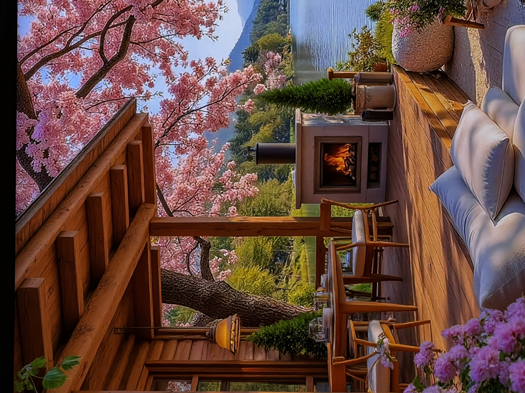 This image captures a serene outdoor setting, likely a private deck or balcony, overlooking a picturesque natural landscape. The scene features no visible people, emphasizing tranquility.
The foreground is dominated by a beautifully crafted wooden structure, possibly part of a cabin or treehouse. This includes sturdy wooden beams and railings. On the deck, there's a comfortable white outdoor sofa adorned with plush cushions and several wooden dining chairs with white fabric seats, arranged around a small table, suggesting a space for relaxation or dining. A contemporary outdoor fireplace, complete with a dark chimney and a visible fire burning warmly within, stands towards the center, hinting at a cozy atmosphere possibly during a cooler evening or morning. Various potted plants, including vibrant pink flowers and green foliage, are strategically placed around the deck, adding to the lush ambiance. A hanging light fixture with a warm glow is also visible beneath the wooden structure.
Beyond the deck, the natural environment unfolds dramatically. A large, gnarled tree trunk is prominent in the mid-ground, while overhead, an abundance of pink cherry blossoms or similar flowering trees creates a stunning canopy, indicative of spring. In the distance, a calm body of water, likely a lake or river, reflects the sky, bordered by rolling green hills and mountains under a bright sky. The overall impression is one of peaceful natural beauty and comfortable outdoor living.
The time of day appears to be daytime, possibly late afternoon, with soft, warm light illuminating the scene. The weather is clear and pleasant. There is no visible text. The location context for this idyllic scene is Sofiivska Borshchahivka, Ukraine.