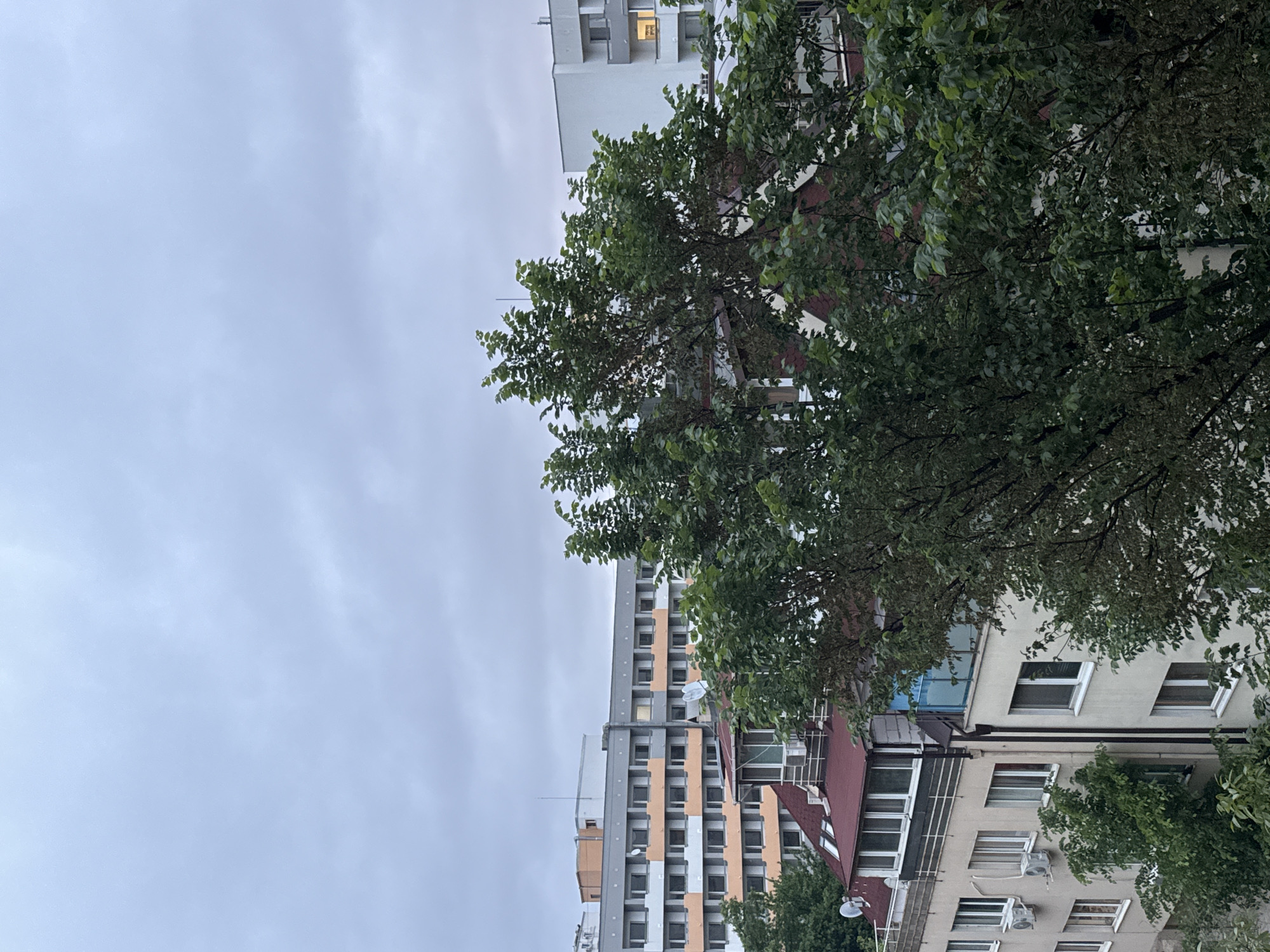 An outdoor, overcast urban scene depicts buildings and trees in Sofia, Bulgaria. In the foreground, branches of trees with green leaves obscure parts of the buildings. One building is a tall apartment block with alternating grey and peach-colored sections and numerous windows. Adjacent is a lower building with a red-tiled roof and light-colored walls. Air conditioning units are visible on the building's facade. The sky is a uniform grey color. The image is taken from a low angle, looking up at the buildings and sky.