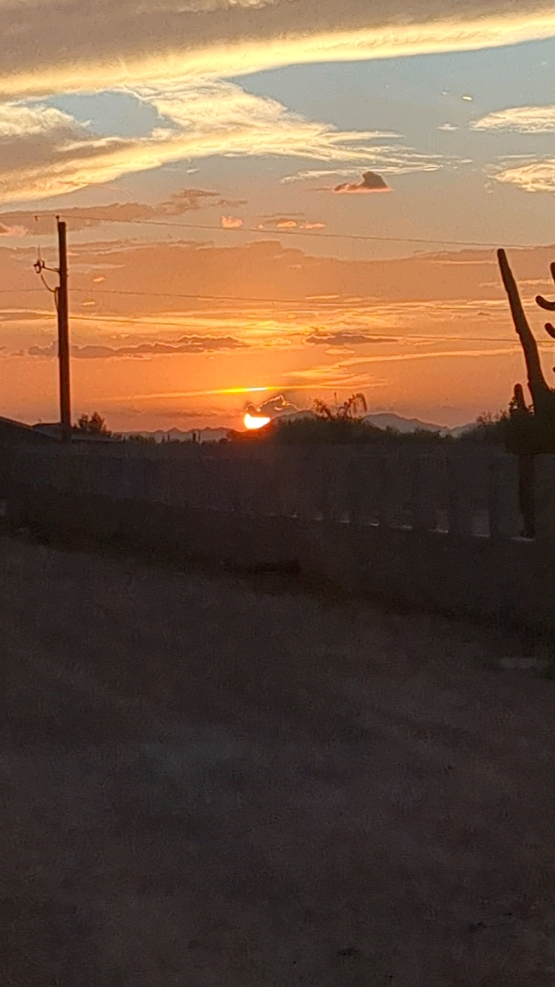 The image depicts a sunset over a desert landscape, likely in Florence, Arizona, United States. The sun, partially obscured by clouds and mountains on the horizon, casts a warm orange glow across the sky, creating streaks of color with the wispy clouds. A telephone pole stands prominently in the foreground on the left, and a silhouetted saguaro cactus is visible on the right. A dark, textured surface, possibly a dirt road or ground, occupies the bottom half of the frame, with a shadowed, fence-like structure running horizontally across the midground. The scene is devoid of people, highlighting the natural beauty of the environment.