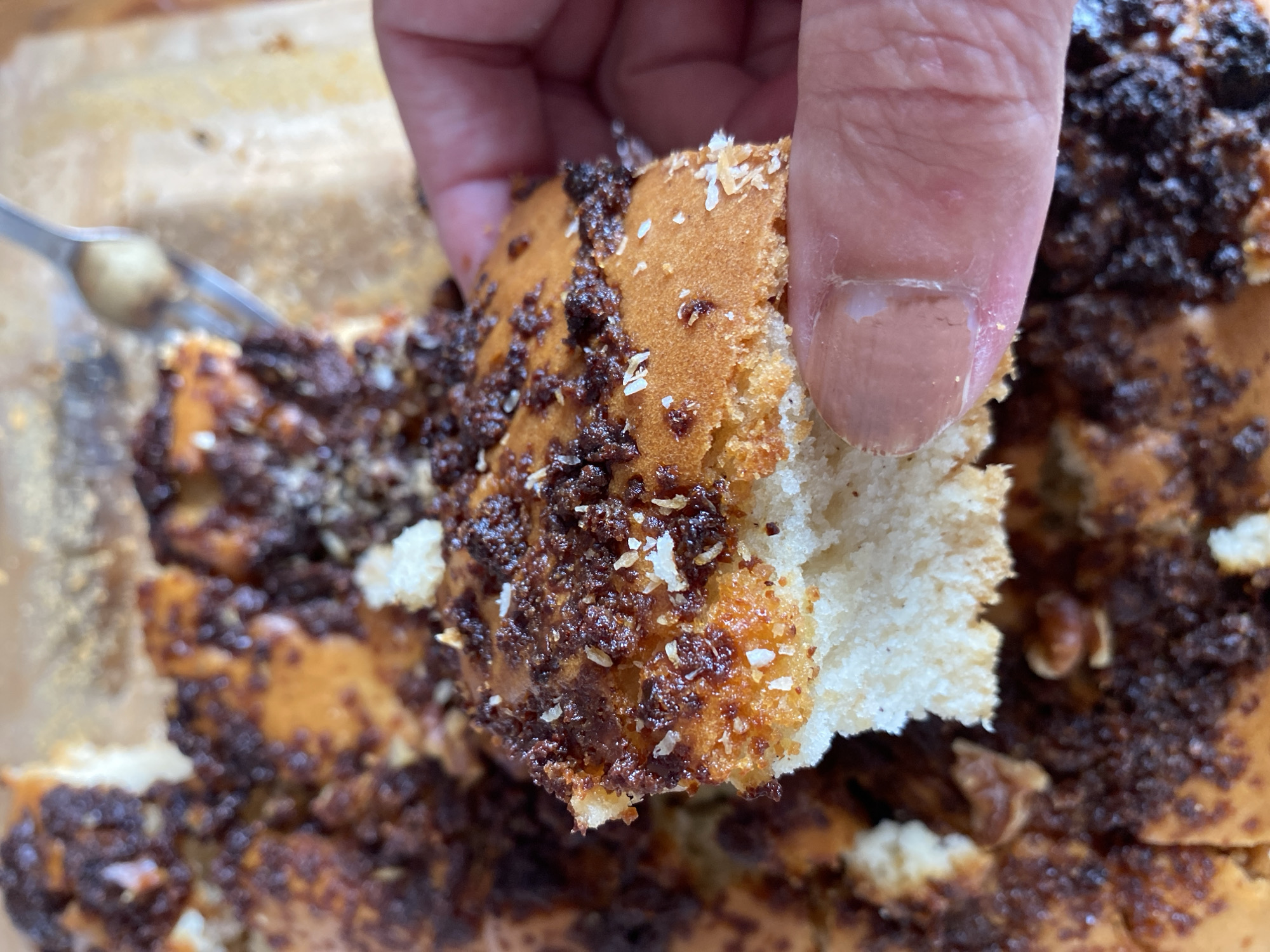 A close-up shot shows a hand holding a piece of baked goods topped with a dark, crumbly mixture and what appears to be shredded coconut. The baked good itself is light in color with a slightly golden crust, and a soft, white interior is visible where the piece has been broken off. The background is filled with more of the same baked goods, suggesting it's a tray or pan of them. The image does not provide any information about the location within Bílina, Czechia.