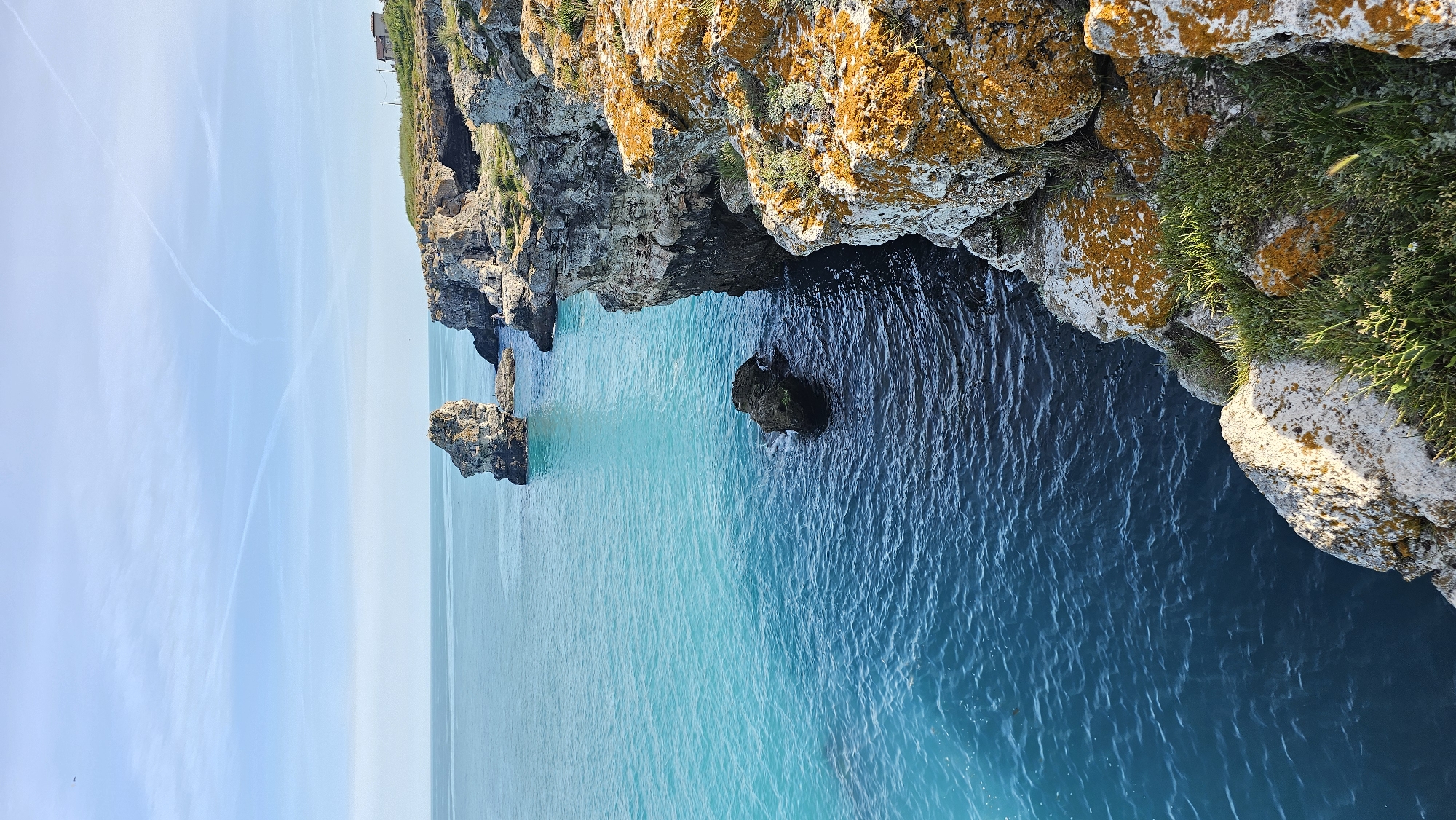 The image is an elevated view of the rocky coastline of Tyulenovo, Bulgaria. The view captures the rugged, eroded cliffs covered in lichen and sparse vegetation, bordering the turquoise water of the Black Sea. In the water, prominent rock formations stand in the sea, a testament to coastal erosion. The sea transitions from a light turquoise near the rock formations to a deeper blue in the distance. The sky above is mostly clear with vapor trails. The general atmosphere suggests a bright, sunny day at the Bulgarian seaside.