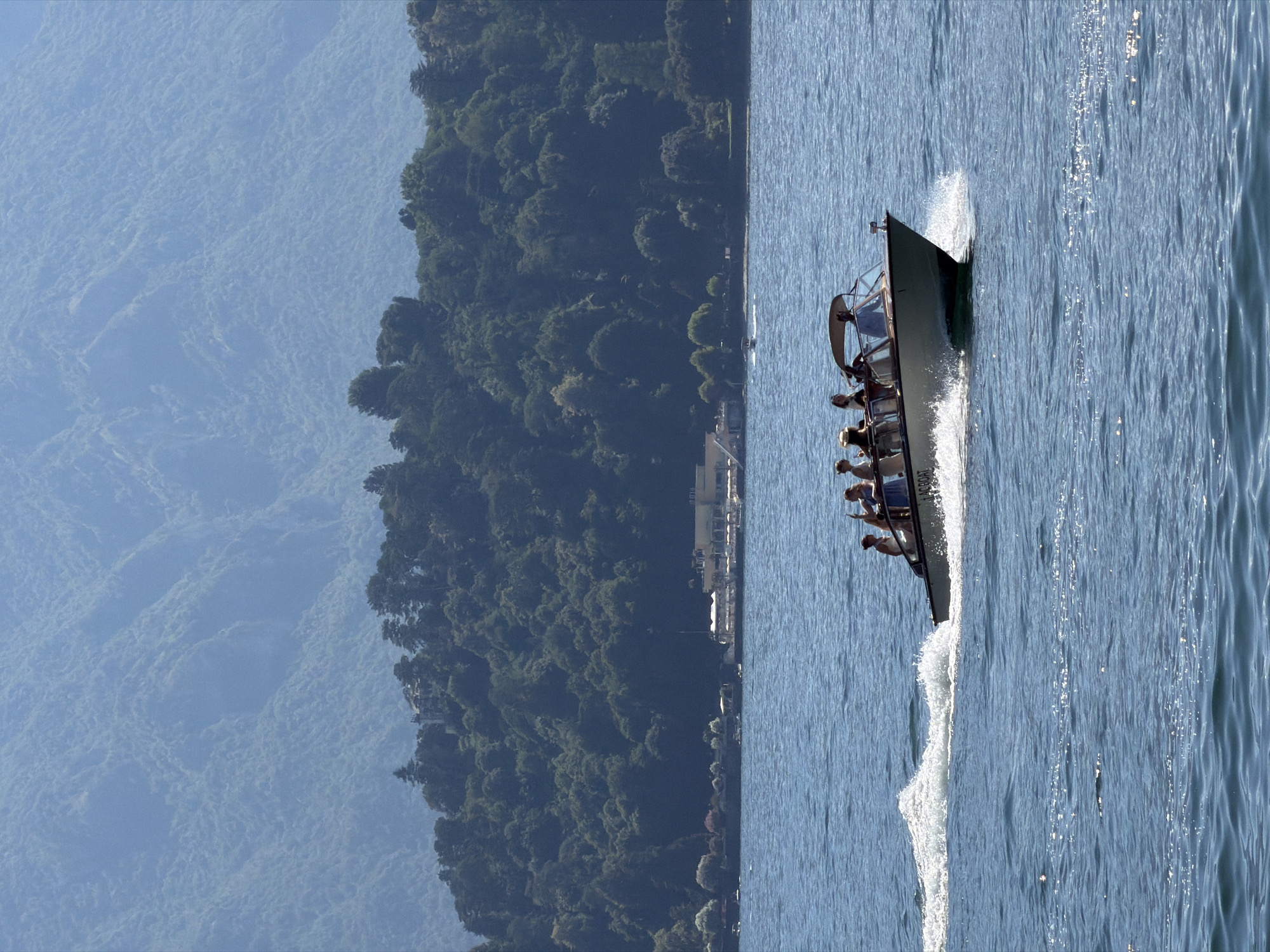 A tour boat with several passengers is in motion on a body of water. The boat is white and appears to be a motorboat, with a canopy providing shade for the passengers. The passengers are standing and seated, and some are looking out at the scenery. In the background, there are lush green hills covered in trees. There are also buildings visible along the shoreline, and a larger building or structure can be seen on the top of one of the hills. The water is blue and appears to be calm, with some ripples and white wakes from the boat. The sky is clear and blue, indicating a sunny day. The scene suggests a leisurely day trip on a lake or similar body of water, likely in a scenic area. The presence of the tour boat and the picturesque landscape suggests a tourist destination. The location of Tremezzina, Italy is known for its beautiful lakes and surrounding mountains, which aligns with the visual elements in the image.