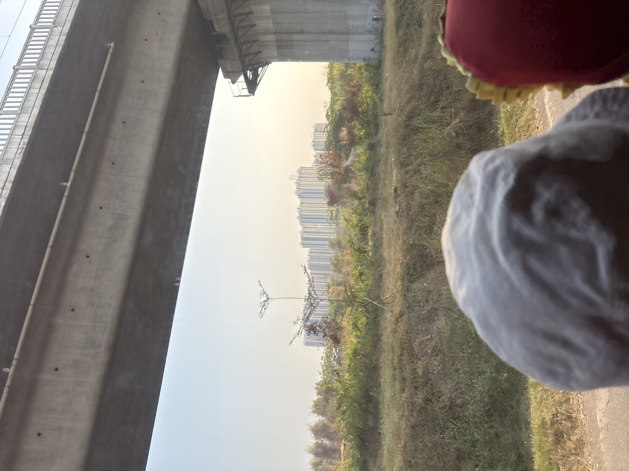 The image shows a view from underneath an elevated concrete structure, possibly a highway or railway bridge, looking out towards a distant city skyline with tall apartment buildings. In the foreground, the top of a person's head wearing a light-colored hat is visible, along with the red head of a stuffed toy. Between the foreground and the city, there is a grassy embankment with scattered trees and vegetation. The sky is clear and bright, suggesting it is daytime. The scene appears to be in a semi-urban or peri-urban area. There is no specific information within the image to confirm its location in Jayamukti, Indonesia, other than the user's prompt.