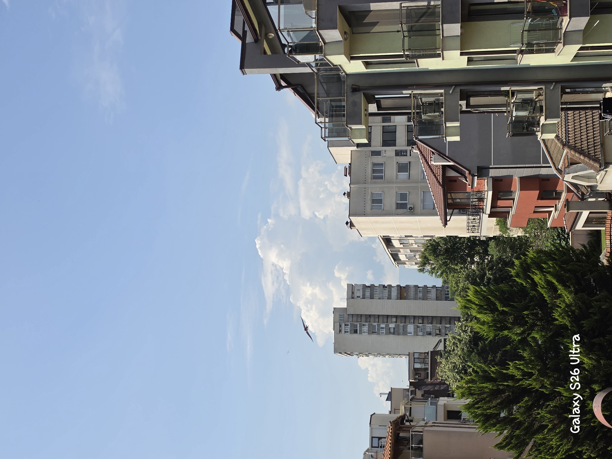 This image depicts an urban scene in Plovdiv, Bulgaria, likely taken from a balcony or window. The foreground is dominated by the lush green canopy of a large coniferous tree. Behind the tree, a cluster of buildings rises, varying in architectural style and color.
To the left, a light-colored, mid-rise apartment building with numerous windows is visible. Adjacent to it and slightly further back, a taller, light-colored building with a more modern facade, also featuring many windows and balconies, stands prominently. Further to the right, a series of buildings showcase diverse designs, including balconies with glass railings, some painted in muted tones like grey and a pale green, others with terracotta tiled roofs. One building features a striking red-orange facade.
The sky is a clear blue with scattered white clouds, some of which are large and cumulus-like. A solitary bird with outstretched wings is captured in flight in the upper left portion of the sky, above the buildings. The text "Galaxy S26 Ultra" is watermarked in the lower left corner of the image. The scene suggests a daytime setting with ample sunlight casting shadows on the buildings and foliage. No people are clearly discernible in the image.