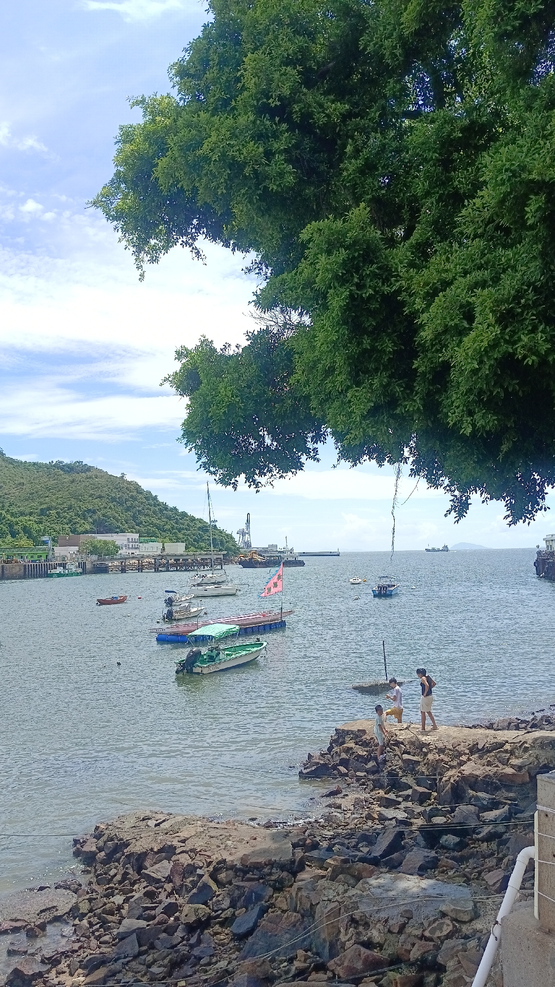 The image depicts a scenic view of a harbor in Hong Kong, likely in an outlying island area like Cheung Chau or Lamma Island, given the presence of smaller fishing boats, a hilly green landscape in the background with some buildings, and a lush green tree canopy framing the top of the image. The water is calm, reflecting the sky, which is partly cloudy.
In the foreground, there is a rocky shoreline where three individuals are present. Two appear to be young women, and one is a young man. They are casually dressed and seem to be interacting with each other, with one of the women looking at her phone.
Scattered across the water are various boats. These include several smaller, motorized fishing boats, a larger sailboat, and a few other vessels, some of which appear to be moored or anchored. A pink flag is visible on one of the floating platforms. In the distance, a larger ship can be seen on the horizon, and construction or industrial activity is indicated by cranes and structures on the shore in the mid-ground. The overall atmosphere is one of a peaceful, somewhat rustic coastal environment within the bustling metropolis of Hong Kong.