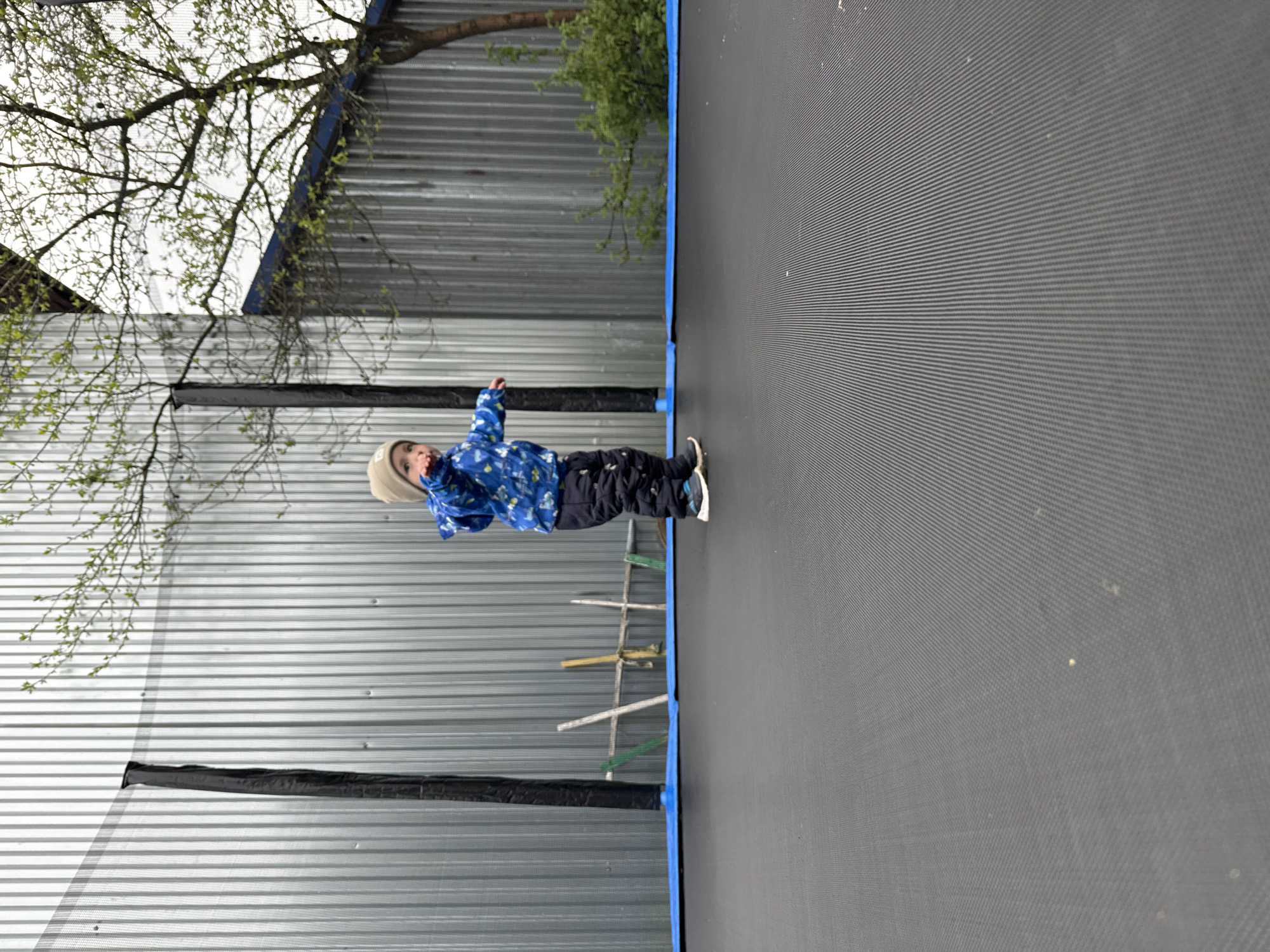A child in a blue patterned jacket, dark pants, and a light-colored hat stands on a black trampoline with a blue edge. The trampoline is positioned near a corrugated metal wall with a dark fabric strip along the bottom. A tree with sparse green leaves extends from the upper left corner, partially obscuring the wall. Scattered wooden planks are on the ground between the trampoline and the wall. The image was taken in Krasny Mayak, Russia.