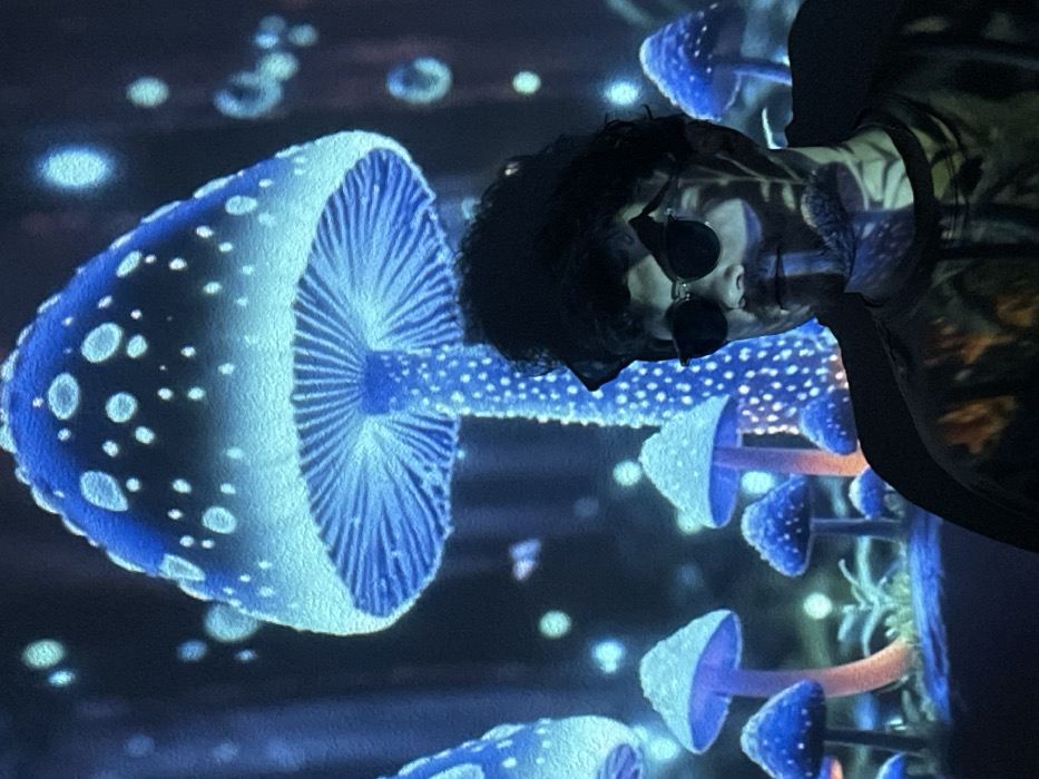 A person with dark curly hair and round sunglasses faces forward, turned on their side against a backdrop of glowing blue mushrooms. The fungi are speckled with white spots and illuminated with a neon blue glow. Some mushrooms are larger, with defined gills, while others are smaller and clustered together, featuring orange stems. The overall effect is dreamlike and surreal.
