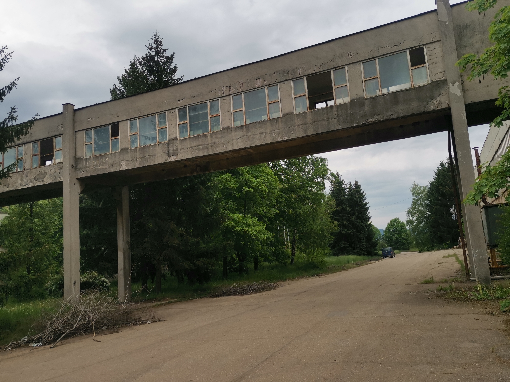 The image shows an abandoned industrial overpass spanning a concrete road in Zhivkovo, Bulgaria. The overpass is a gray concrete structure with multiple window frames, many of which are missing glass panes. Supporting columns stand on either side of the road. The road surface is cracked and worn. In the distance, a blue car is parked. Trees and vegetation surround the road and overpass. The sky is overcast. Debris, including branches, is scattered near the base of one of the overpass supports.