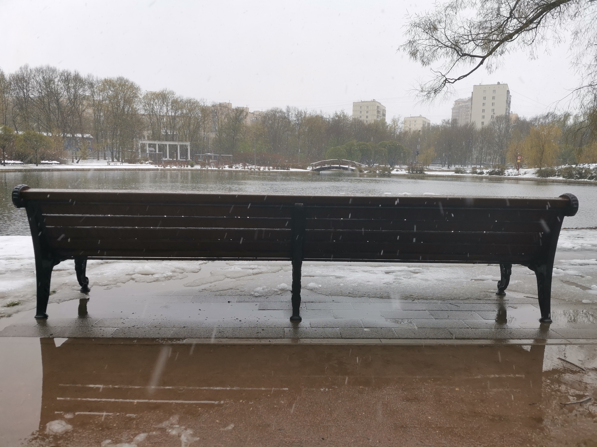 The image depicts a quiet, snowy day in a park in Moscow, Russia, likely during late winter or early spring. In the immediate foreground, a dark brown wooden slatted park bench with ornate black metal legs and armrests is centrally positioned on a wet, dark gray paved walkway. A significant puddle on the pavement in front of the bench provides a clear reflection of the bench and the falling snowflakes.
Beyond the walkway, a calm body of water, possibly a pond or lake, extends across the mid-ground, reflecting the overcast sky. The banks on the opposite side are lined with numerous deciduous trees, mostly bare but with hints of early green buds, and some evergreen foliage. A small, arched wooden bridge spans a section of the water in the middle distance. To the left on the far bank, a white columned structure, resembling a pergola or pavilion, is visible among the trees.
In the far background, several multi-story residential buildings, characteristic of urban architecture, rise above the tree line. The sky is uniformly overcast, creating soft, diffused light across the scene. Snowflakes are visibly falling throughout the entire image, settling on the ground where patchy snow and melting ice are present, indicating cold weather. A bare tree branch extends into the upper right portion of the frame. No people or visible text are present, contributing to a sense of peaceful solitude.