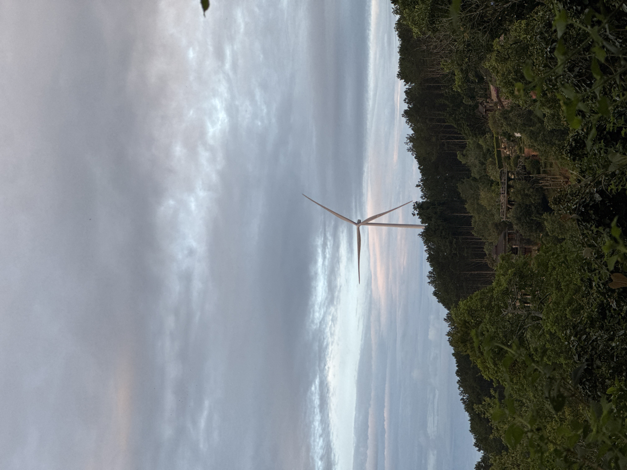 A vertical photograph shows a wind turbine standing against a cloudy sky, with a dense green forest in the background. The sky is predominantly gray and white, suggesting an overcast or dusk setting. The turbine is centrally located in the middle ground. The forest is thick and appears to cover hilly terrain. Some structures are visible within the treeline, possibly houses or buildings. This is likely a rural area on the edge of Phát Chi, Vietnam.