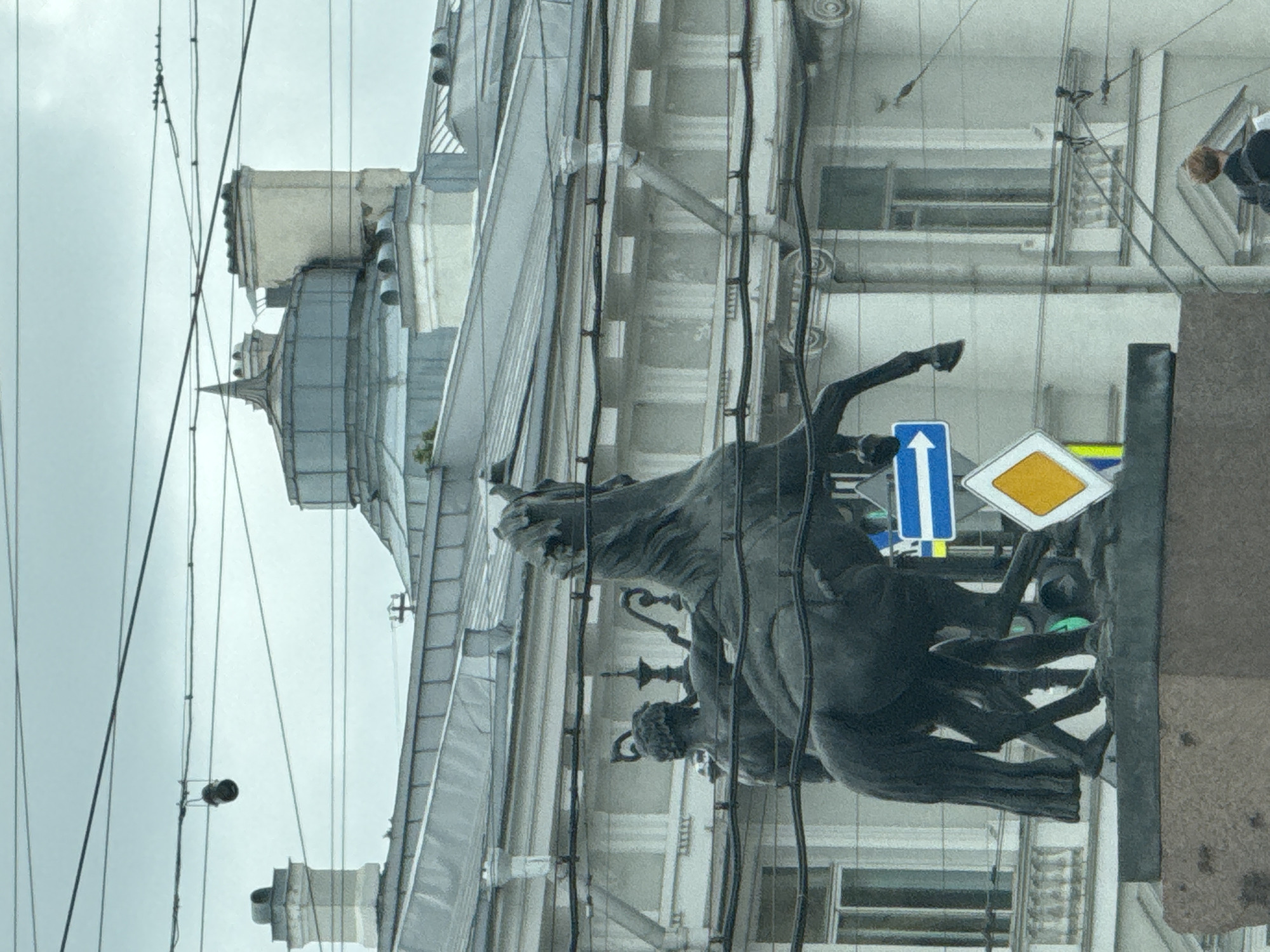 The image captures a close-up view of the Bronze Horseman monument in St. Petersburg, Russia. The monument, depicting Peter the Great on horseback, is positioned in the foreground, with its dark bronze sculpture detailed against a pale, overcast sky and the façade of a grand, classical-style building. The building features multiple windows, decorative architectural elements, and a distinctive grey, sloped roofline with chimneys and a domed structure. Overhead, a network of dark electrical wires crisscrosses the scene, some with insulators attached. Traffic signals and directional signs, including a blue sign with a white arrow pointing right and a yellow diamond-shaped sign, are visible near the base of the monument. A glimpse of a person in the lower right corner, facing away from the camera, suggests an urban environment with pedestrian activity. The overall atmosphere is somewhat muted due to the cloudy weather.