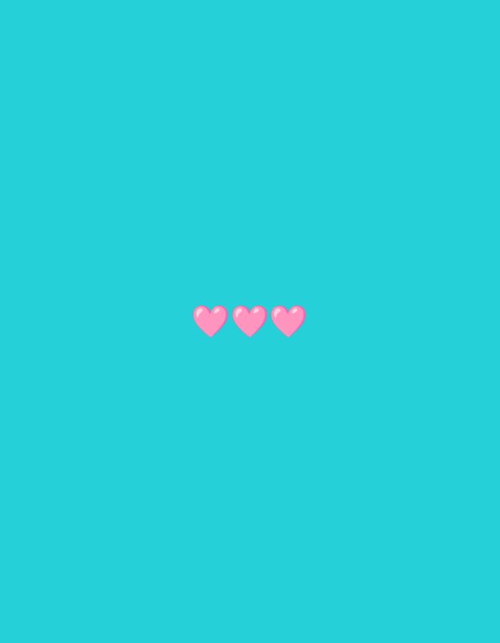 The image displays a minimalist composition against a vibrant turquoise background. Centered horizontally and occupying a small portion of the lower half of the frame are three stylized pink hearts arranged in a row. The hearts are uniformly colored and have a smooth, rounded appearance, suggesting a digital or graphic design origin. There are no discernible human figures, actions, interactions, or environmental details in the image that would place it in a specific city or country like Jenu, Indonesia. The scene is entirely abstract and graphic in nature.
