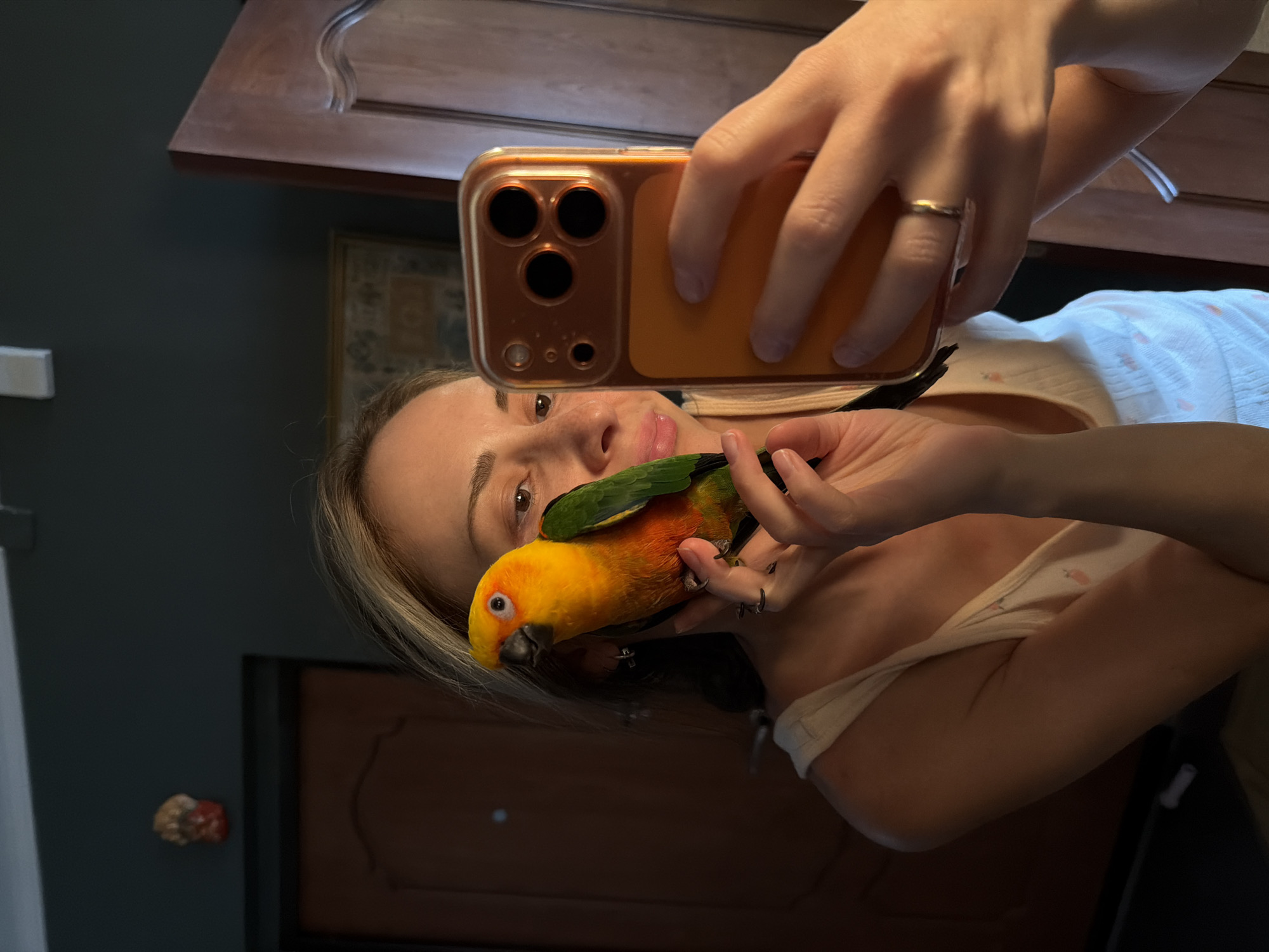 In Khimki, Russia, a woman with blonde hair and fair skin is taking a selfie with her pet parrot, a Sun Conure. The parrot is perched on her left hand, which is held up to her face. The woman is holding a smartphone in her right hand, also raised to capture the photo. The parrot has vibrant yellow and orange plumage with green wings. The woman is wearing a light-colored tank top with a subtle pattern. In the background, a dark-colored door and a wall with a framed picture are visible. The lighting suggests an indoor setting, likely a home.