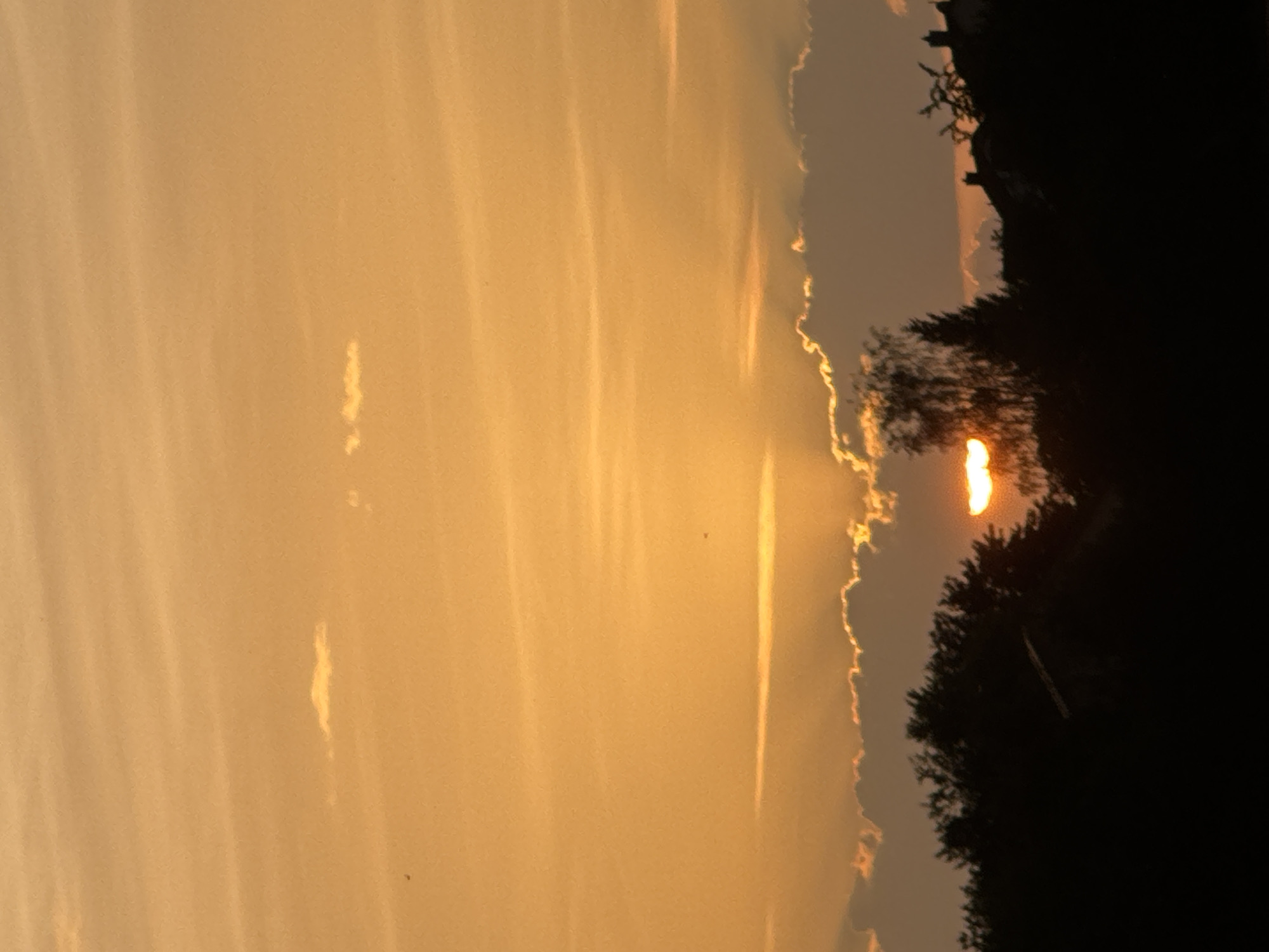 The image depicts a sunset over the city of Wettstetten, Germany. The sky is a vibrant orange, with thin wispy clouds scattered throughout. The sun is partially obscured by a band of thicker, darker clouds near the horizon, creating a dramatic silhouette effect. Below the clouds, the dark outlines of trees and buildings are visible. The scene conveys a sense of natural beauty and tranquility as day transitions into night.
