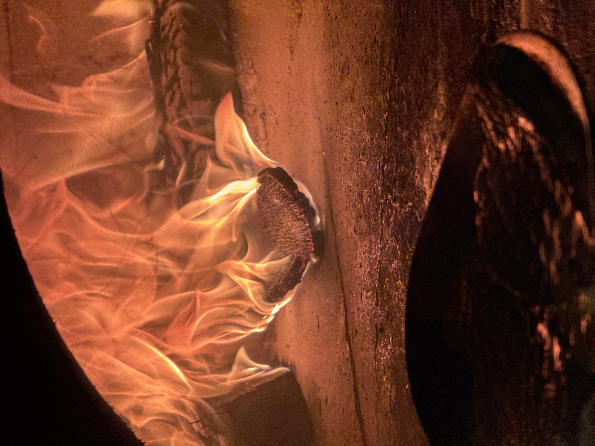 The image shows a close-up of a wood-fired oven with flames. The focus is on the glowing embers and the dancing flames, which are orange and yellow. The floor of the oven appears to be made of stone or concrete and is covered in a fine ash. In the foreground, out of focus, is a dark, circular object, possibly a pizza peel or a baking stone. The scene is dimly lit, with the fire being the primary source of light. The environment suggests a culinary setting, likely a restaurant or a home kitchen with a specialized oven. The image does not provide any information about the city of West Palm Beach, United States of America.