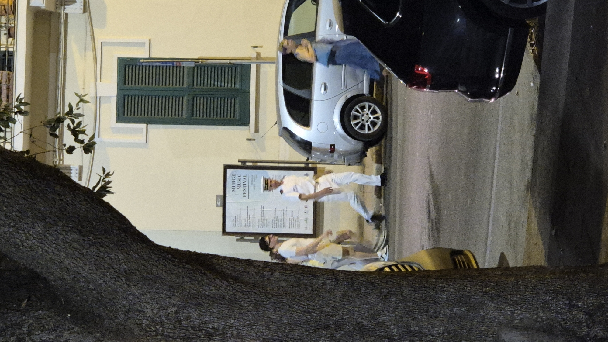 In Taranto, Italy, a nighttime street scene unfolds. A tall, textured tree trunk dominates the left foreground, casting a shadow across the asphalt road. To the right of the tree, a poster board displays text including "MURGE MUSIC FESTIVAL". Several people are in motion. A person in a white uniform with a cap and dark shoes walks towards the right. Behind them, two individuals in casual attire, one in a white t-shirt and shorts, the other in a white shirt and light-colored pants, walk away from the poster. A silver hatchback car is parked on the right side of the road, its rear door open. Further to the right, a woman in a blue dress walks towards the silver car. In the immediate right foreground, the rear of a black SUV is visible. The environment appears to be a paved street with a sidewalk. A building with a green louvered window is visible in the background.
