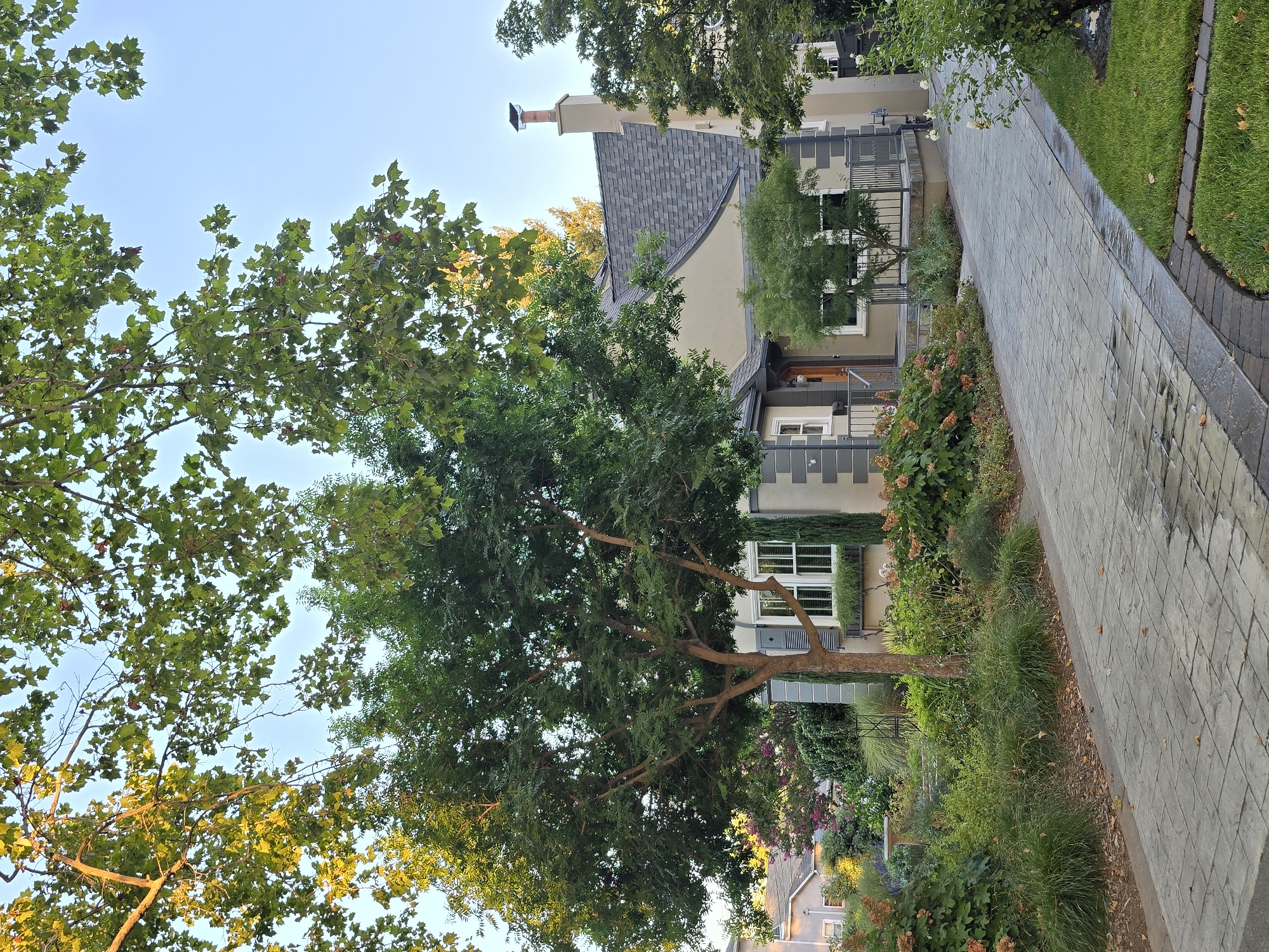 The image shows a charming, traditional house with a light tan stucco exterior and a dark grey shingled roof. The house features stone accents around the windows and down the sides, with white framed windows. A wooden door is visible, with a small porch area and a metal railing. A prominent tree with green foliage stands in front of the house, and other trees and lush greenery surround the property, including flowering shrubs and ornamental grasses. A paved driveway made of interlocking stone tiles leads up to the house. The scene is set outdoors with a clear blue sky overhead. The lighting suggests it is late afternoon or early evening, with some warm sunlight filtering through the leaves of the trees. There are no people visible in the image. The environment appears to be a residential neighborhood.