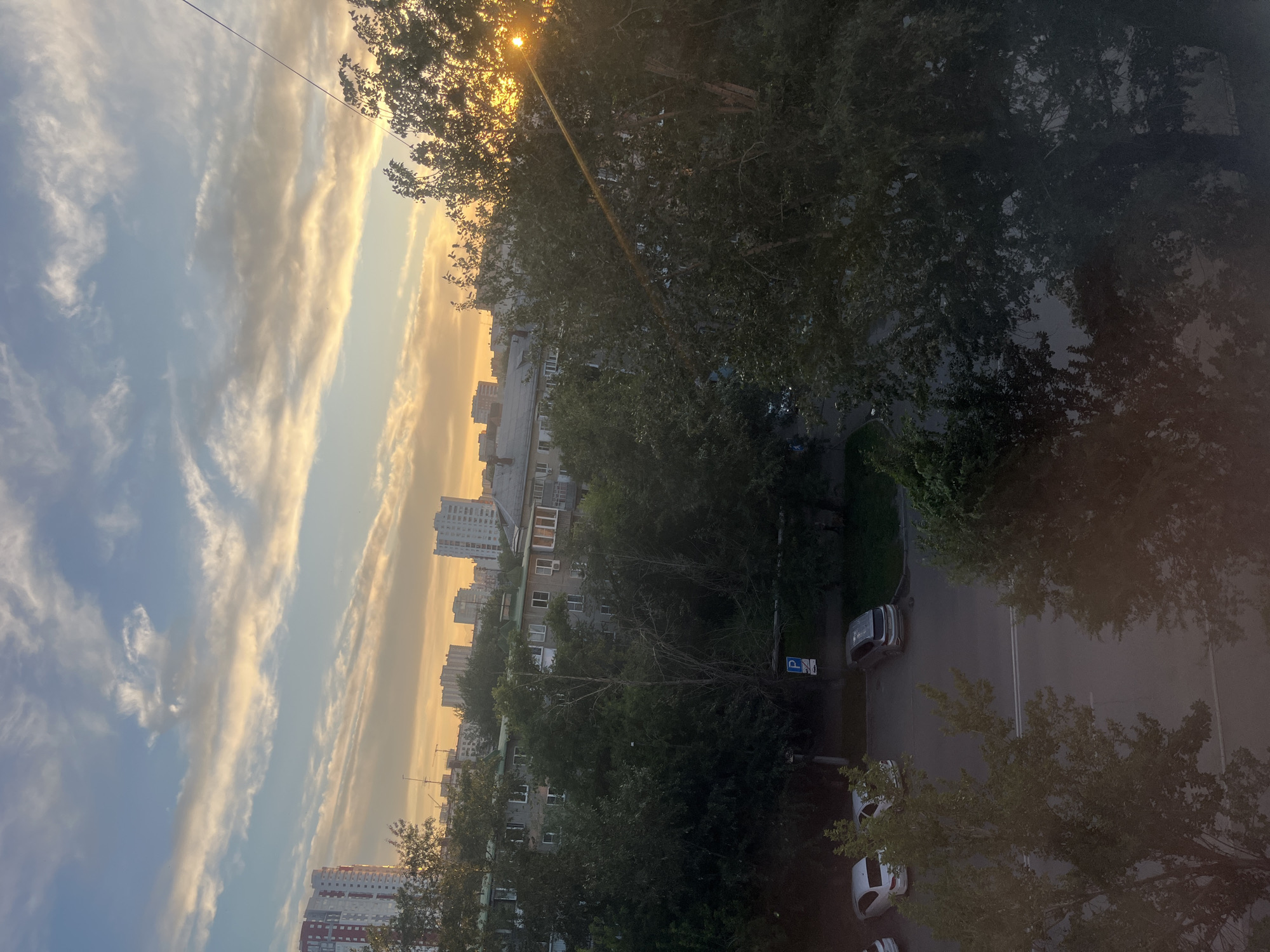 This is an outdoor, vertical, eye-level medium shot of a residential urban scene in Chelyabinsk, Russia, during a sunset. The sky is a dominant feature, filled with streaks of white and yellow clouds, illuminated by the setting sun which creates a bright lens flare in the upper left quadrant.
The foreground is dominated by the dense foliage of tall trees, their dark green leaves casting shadows and obscuring parts of the view. Beyond the trees, a street is visible with parked cars and a blue parking sign. Further in the background, apartment buildings of varying heights are clustered together, with some appearing modern and tall, while others are older and lower-rise. The buildings are mostly a neutral grey or white, with visible windows.
The time of day is clearly sunset, indicated by the warm, golden light in the sky and the long shadows. The weather appears to be clear with scattered clouds. The location is identifiable as a residential area in Chelyabinsk, Russia, due to the specific architecture of the buildings and the presence of Cyrillic text on the parking sign. The overall mood is tranquil and serene, with the natural beauty of the sunset contrasting with the urban environment. The media file appears to be a photograph.