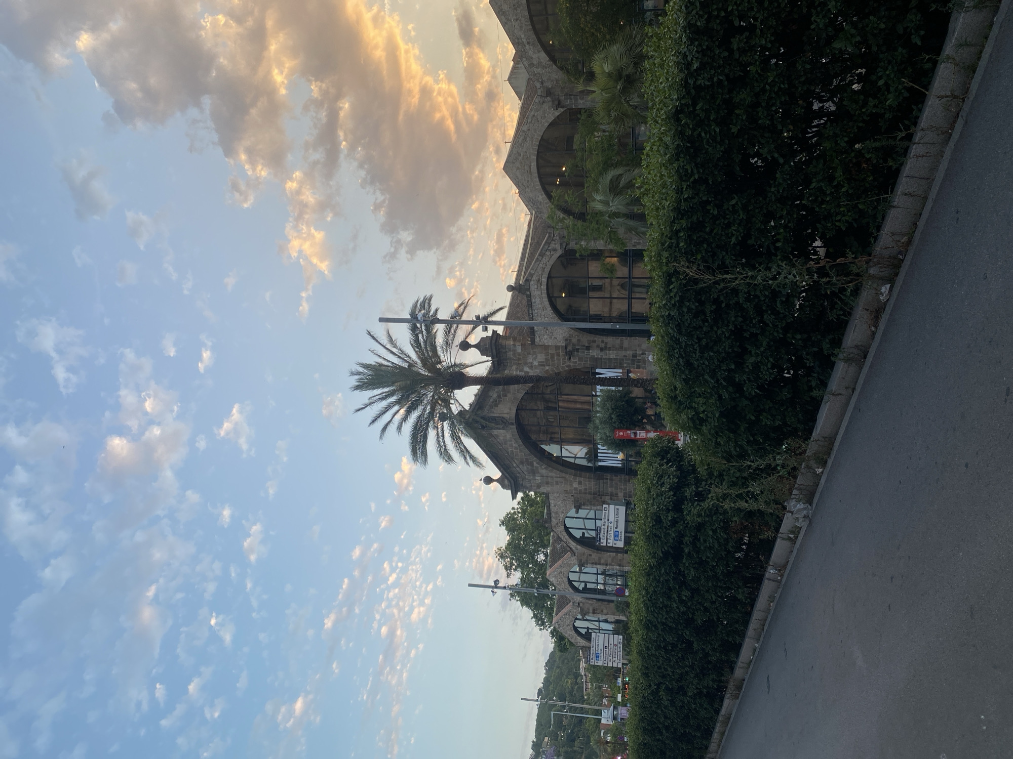 The image shows a building with arched windows, possibly a market or a historical structure, in Barcelona, Spain. A palm tree stands in front of the building, and a dense hedge lines the foreground. The sky is filled with scattered clouds, some tinged with the orange and yellow hues of sunset. The street in front of the hedge is paved, with a concrete curb. Signage is visible on the building, suggesting it is a public or commercial space. The overall impression is one of a serene urban evening scene.